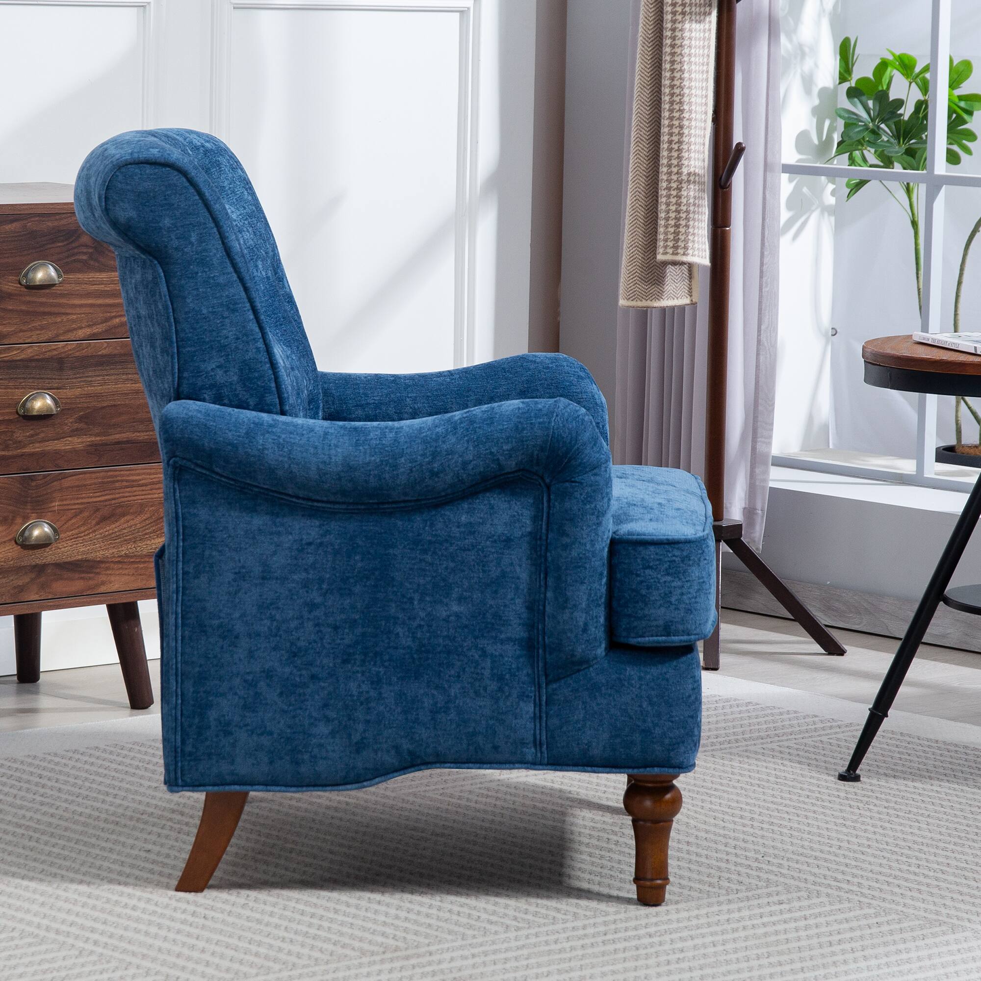 Back. APRILSOUL - Accent Chair Comfy Chenille Club Fabric Upholstered Living Room Arm Chair 300lbs Capacity - Blue.