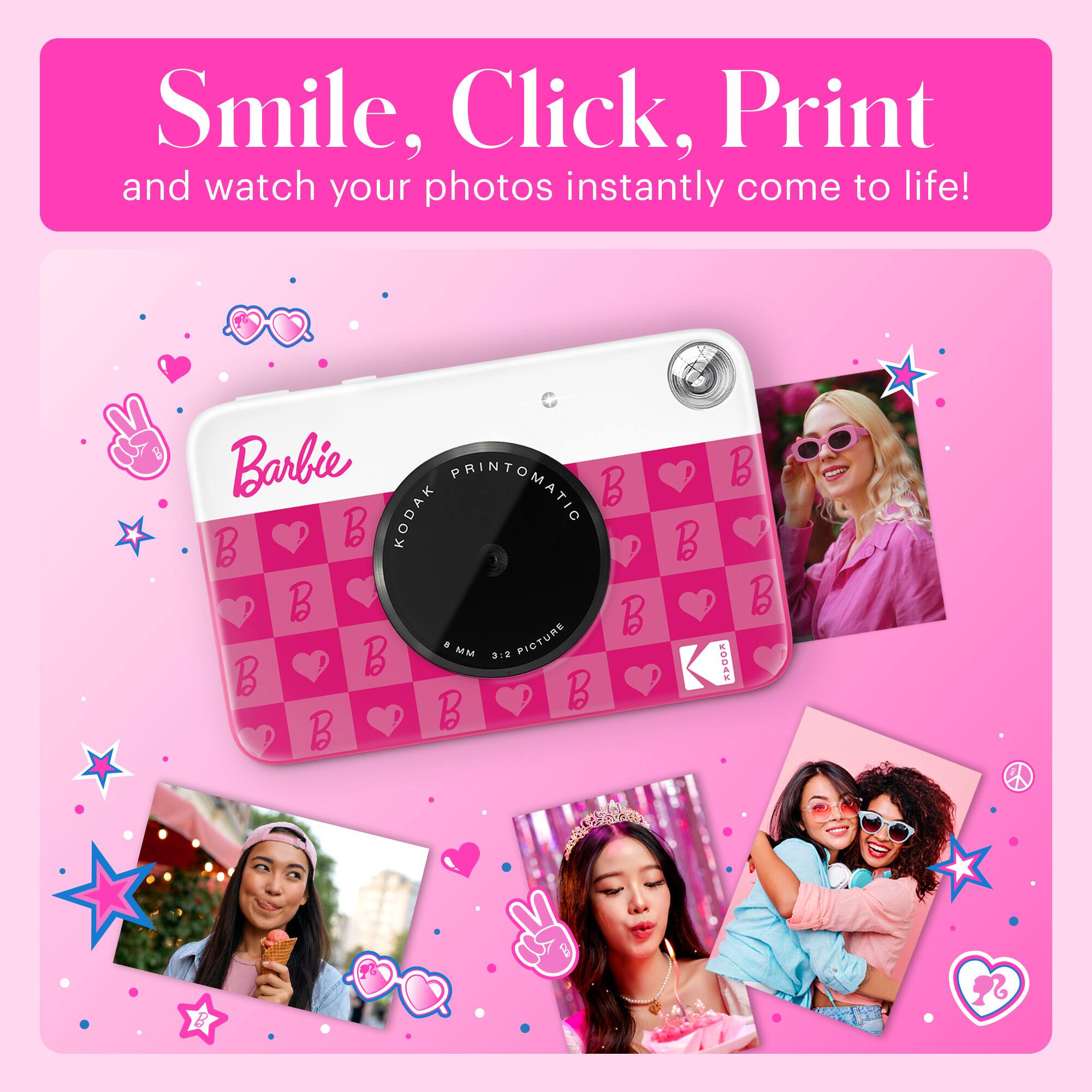 Smile, Click, Print and watch your photos instantly come to life! Barbie PRINTOMATIC B B B KODAK B B B . MM 3.2 PICTURE B B B B 1R B B B KODAK B B B .