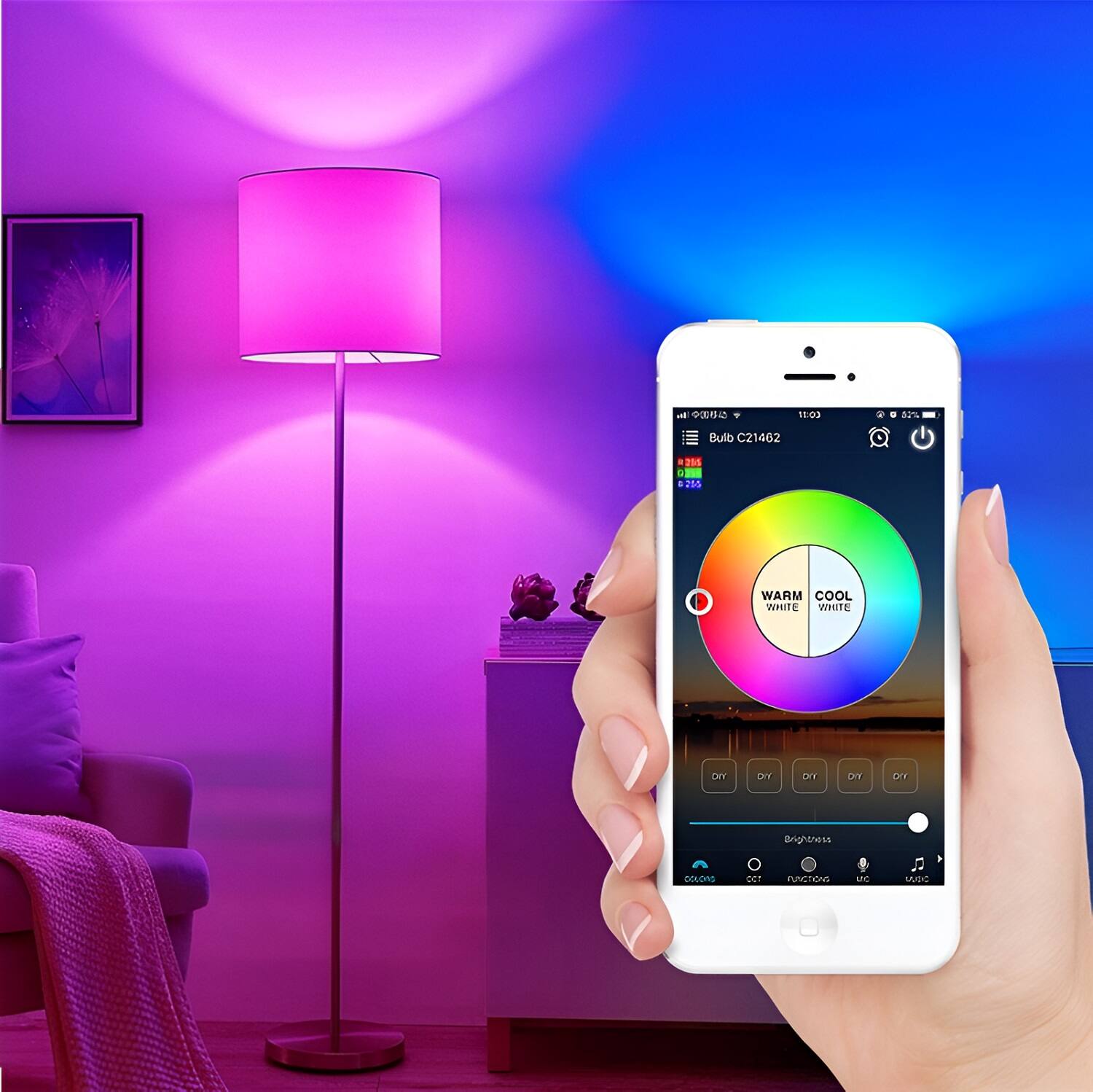 11:03  
Bulb C21462  
286 24  
WARM COOL WHITE  
WINITE ON  
CPY TIC DIT  
15 Brightness  
OCKONS  
1OT PUACTIONS  
MNC MURIC