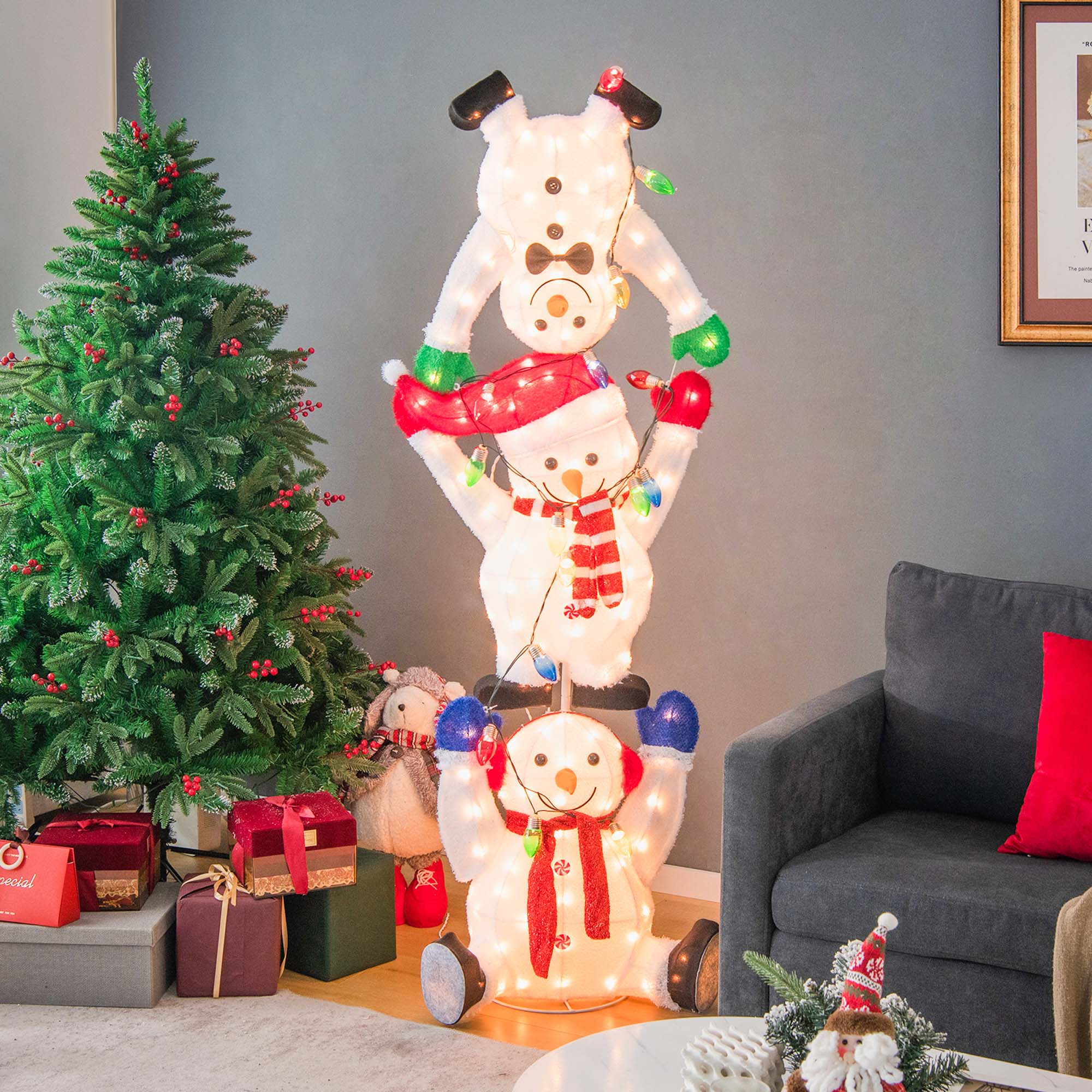 Alt View 11. Costway - 5.6 FT Pre-Lit Stacked Snowmen Christmas Decoration with LED Lights Display - Multicolor.
