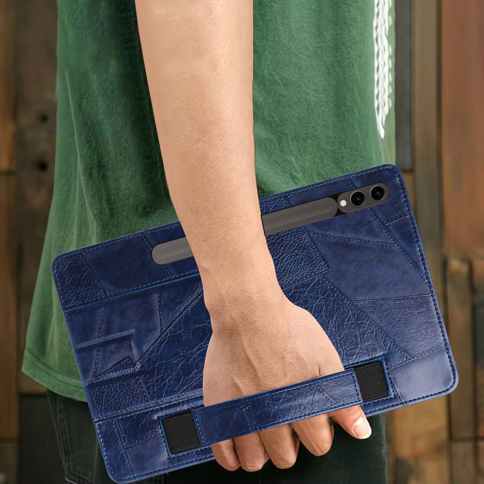 Alt View 2. Dteck - Leather Texture Case for Samsung Galaxy Tab S10 FE+, Shockproof Cover with Multi-Angle Stand and Secure Hand Strap - Blue.