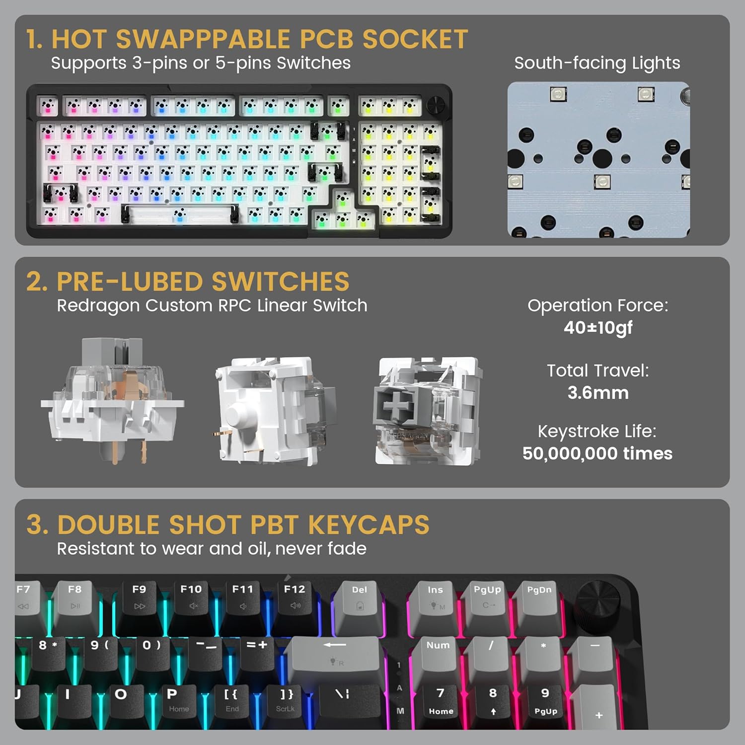1. HOT SWAPPABLE PCB SOCKET  
   Supports 3-pins or 5-pins Switches  
   South-facing Lights

2. PRE-LUBED SWITCHES  
   Redragon Custom RPC Linear Switch  
   Operation Force: 40±10gf  
   Total Travel: 3.6mm  
   Keystroke Life: 50,000,000 times

3. DOUBLE SHOT PBT KEYCAPS  
   Resistant to wear and oil, never fade