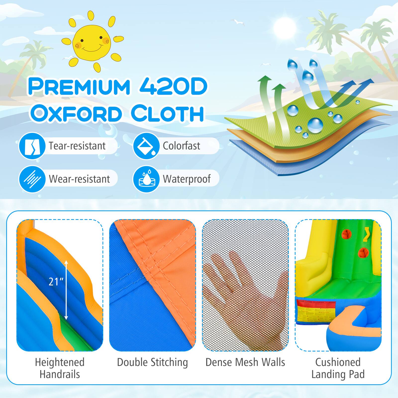 PREMIUM 420D OXFORD CLOTH

- Tear-resistant
- Colorfast
- Wear-resistant
- Waterproof

21" Heightened Handrails
Double Stitching
Dense Mesh Walls
Cushioned Landing Pad