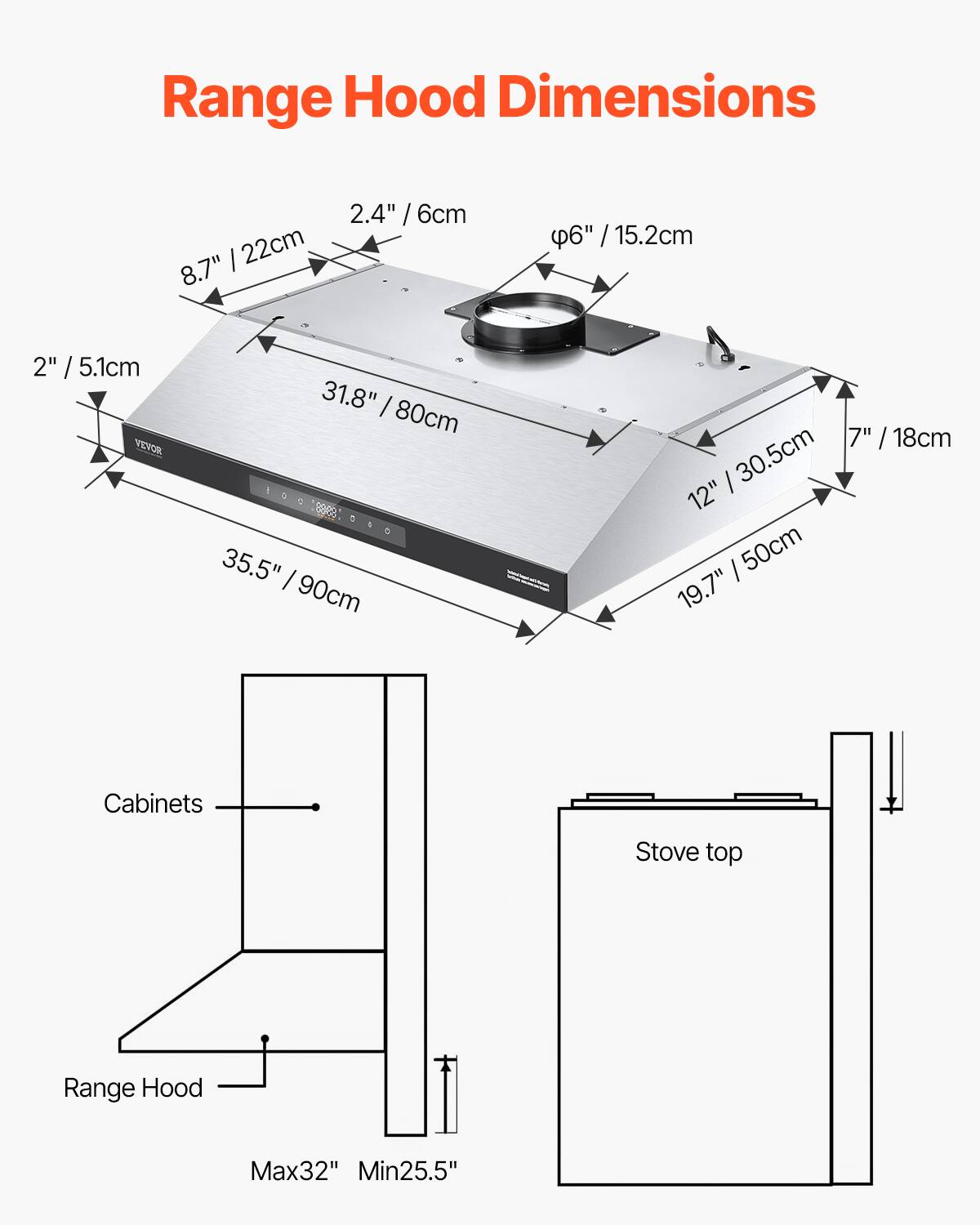 Range Hood Dimensions

- Width: 31.8" / 80cm
- Depth: 19.7" / 50cm
- Height: 12" / 30.5cm
- Exhaust Diameter: 6" / 15.2cm
- Control Panel Height: 2.4" / 6cm
- Front Panel Height: 8.7" / 22cm
- Side Panel Height: 2" / 5.1cm
- Rear Panel Height: 7" / 18cm

Cabinets
- Max Height: 32"
- Min Height: 25.5"

Stove top