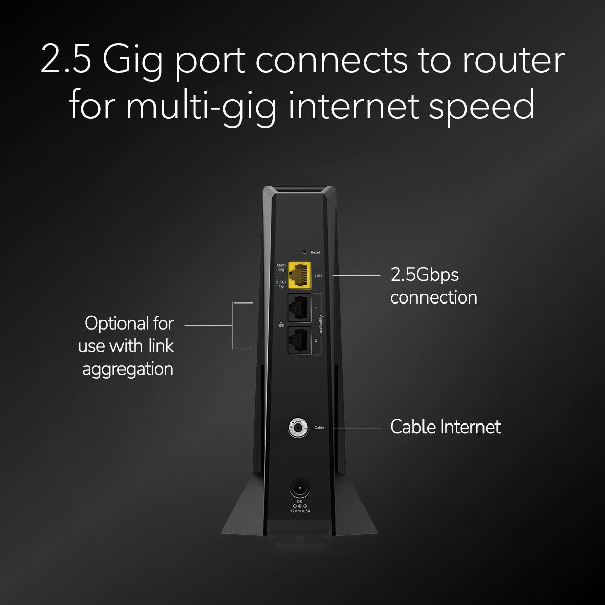 2.5 Gig port connects to router for multi-gig internet speed - Optional for use with link aggregation - Supports P.56 LAN - Provides 2.5Gbps connection - Cable Internet.