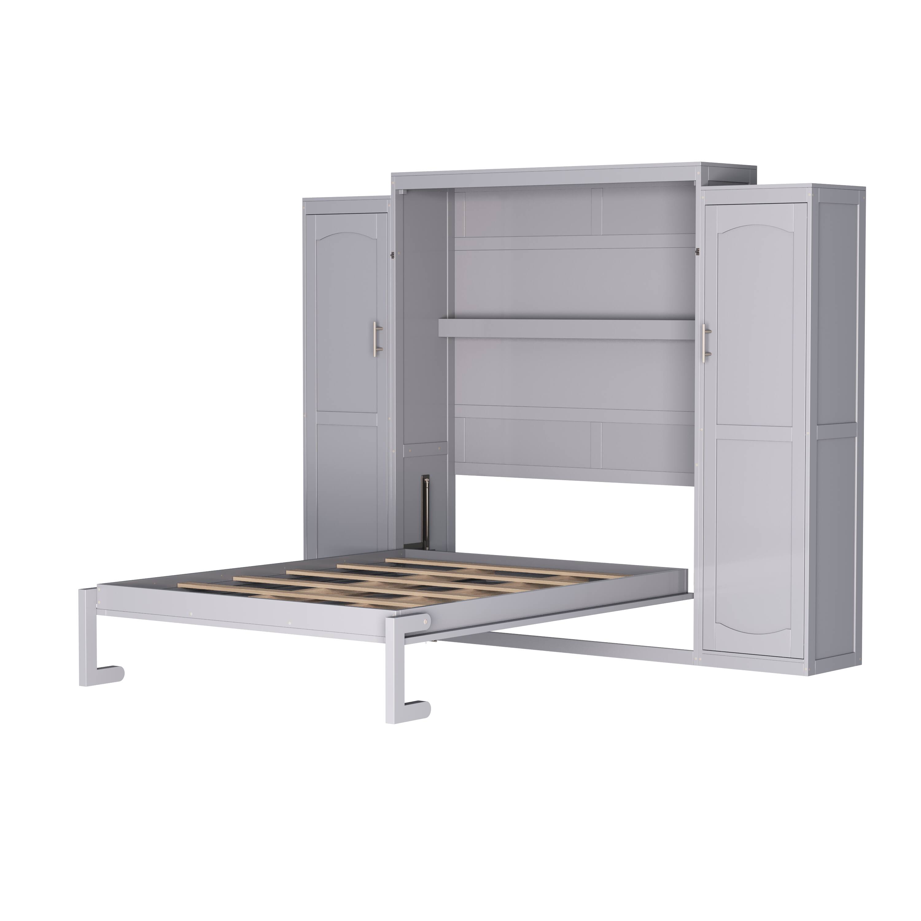 Alt View 5. Tiramisubest - Full Size Murphy Bed with 2 Wardrobe and Storage Shelf, Multifunctional Foldable Platform Bedframe, Gray - Gray.