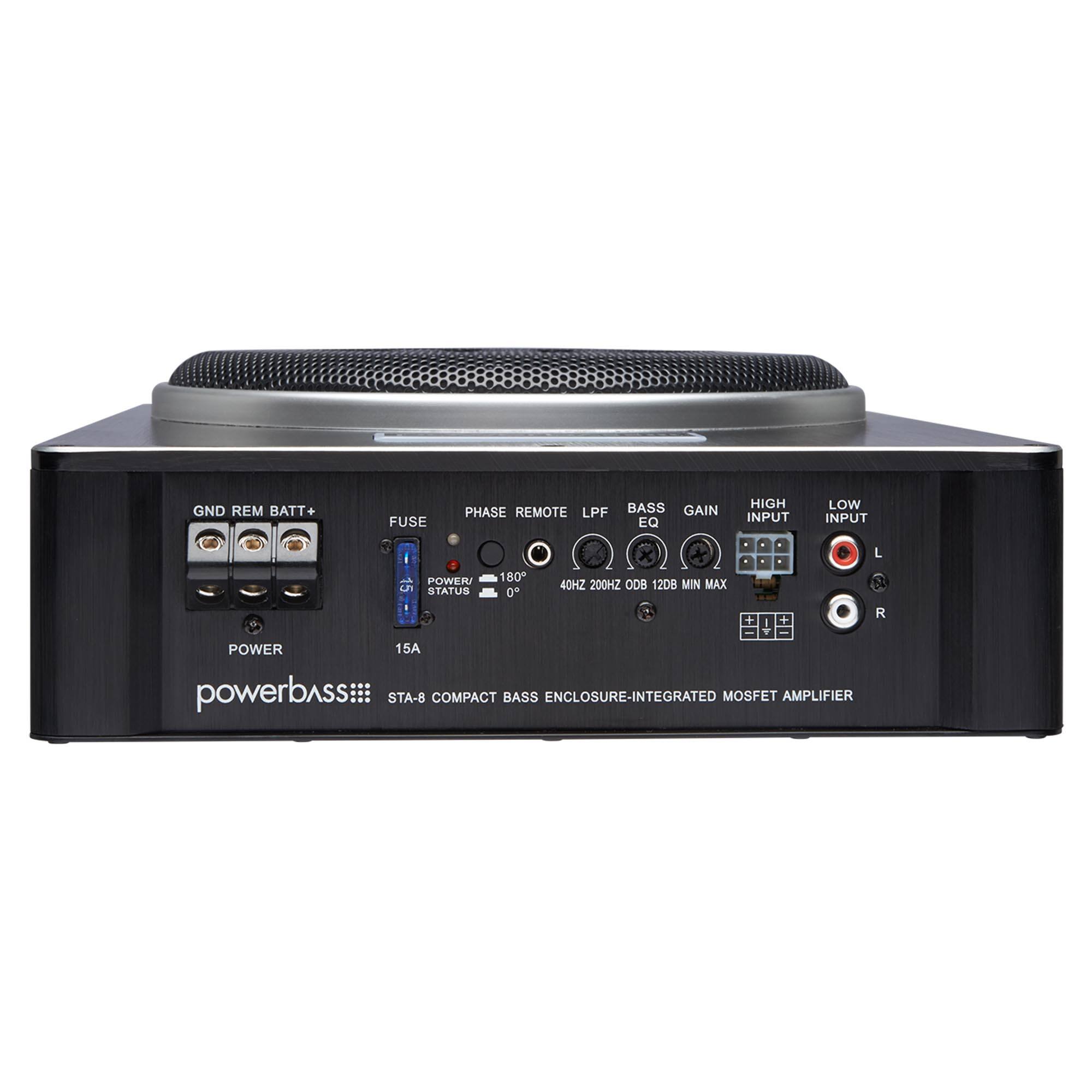 GND REM BATT+ FUSE PHASE REMOTE LPF BASS GAIN EQ HIGH INPUT LOW INPUT L POWER 5 STATUS 180 0* 40HZ 200HZ ODB 12DB MIN MAX + I + R POWER 15A powerbass STA-8 COMPACT BASS ENCLOSURE-INTEGRATED MOSFET AMPLIFIER