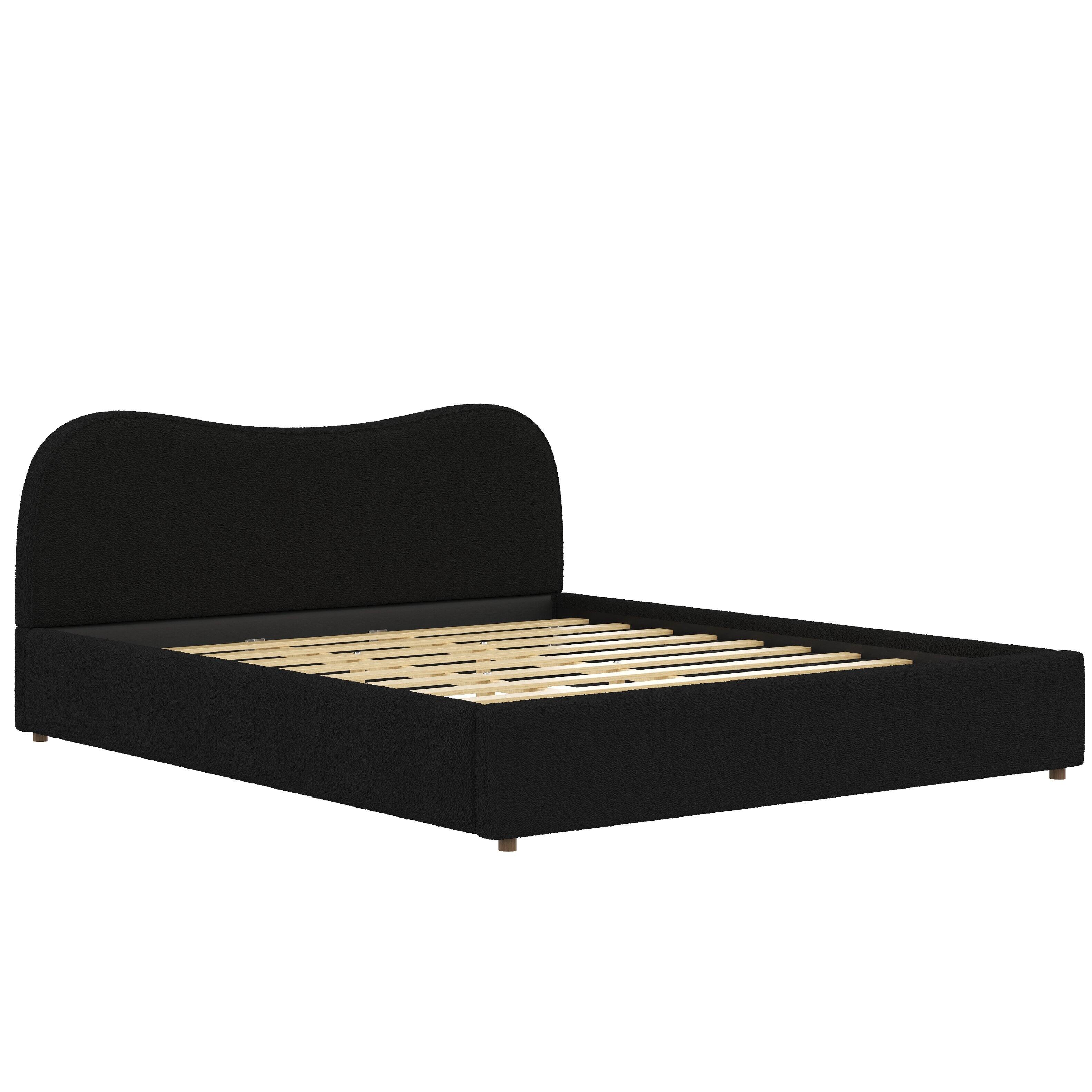 Alt View 1. Whisen - King Size Upholstered Platform Bed Frame with Curved Headboard, Bouclé Fabric Bed for Modern Bedroom - Black.