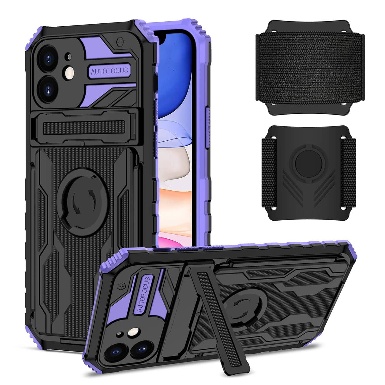 Reiko - High Elastic Plastic Iphone 11 Case With Kickstand, Sports Mobile Wristband And Card Slot In - Purple