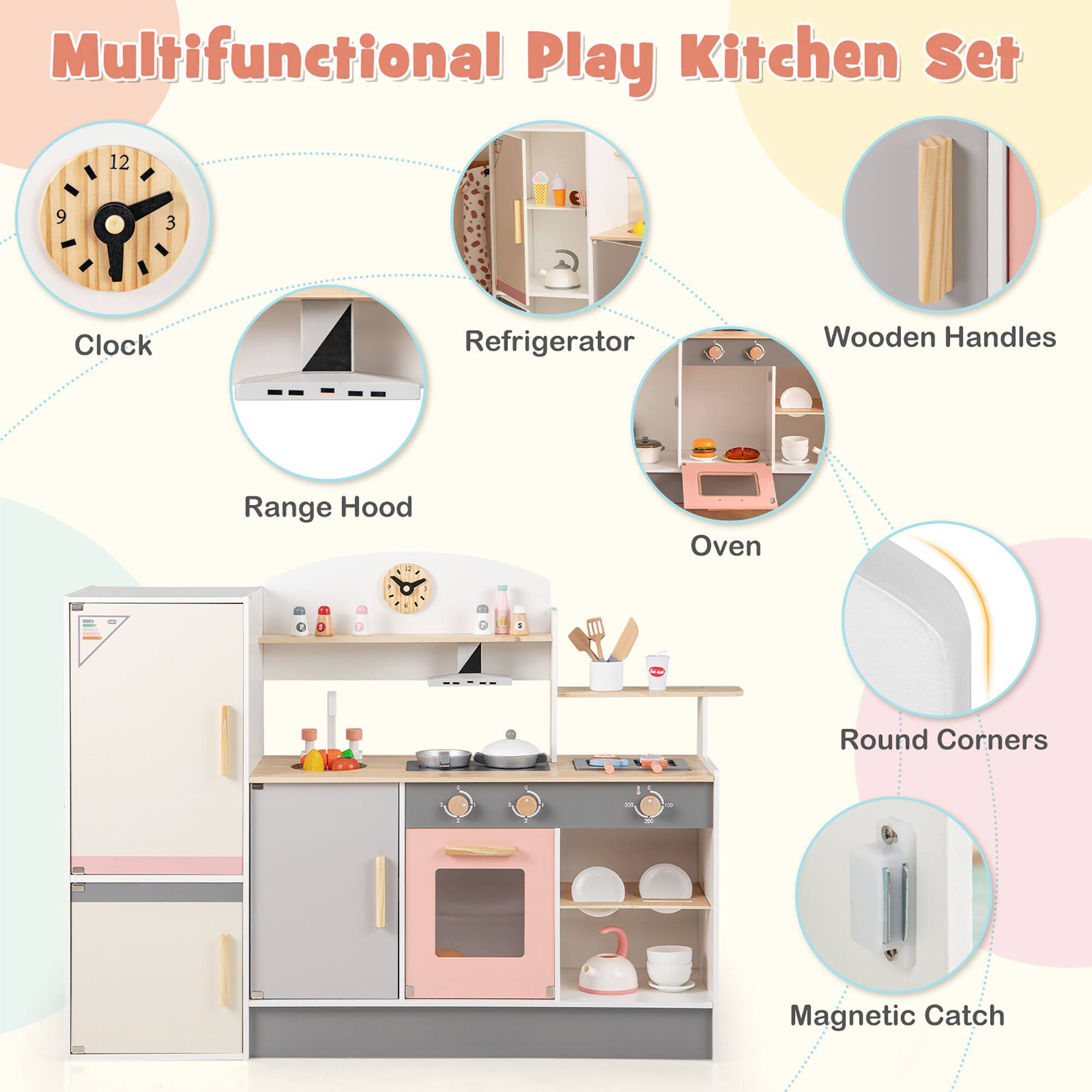 Multifunctional Play Kitchen Set

- Clock
- Refrigerator
- Wooden Handles
- Range Hood
- Oven
- Round Corners
- Magnetic Catch
