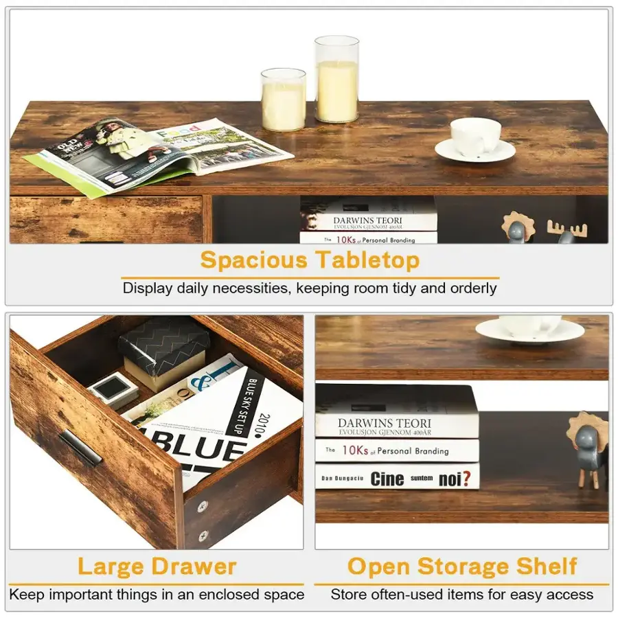 The text on the image is grouped and corrected as follows:

1. Spacious Tabletop: Display daily necessities, keeping room tidy and orderly.
2. Large Drawer: Keep important things in an enclosed space.
3. Open Storage Shelf: Store often-used items for easy access.
4. Blue Sky Set Up 2010: Blue Darwin's Theory of Evolution.
5. The 10Ks Personal Branding: Te Da. Dungacia Cine suntem noi?