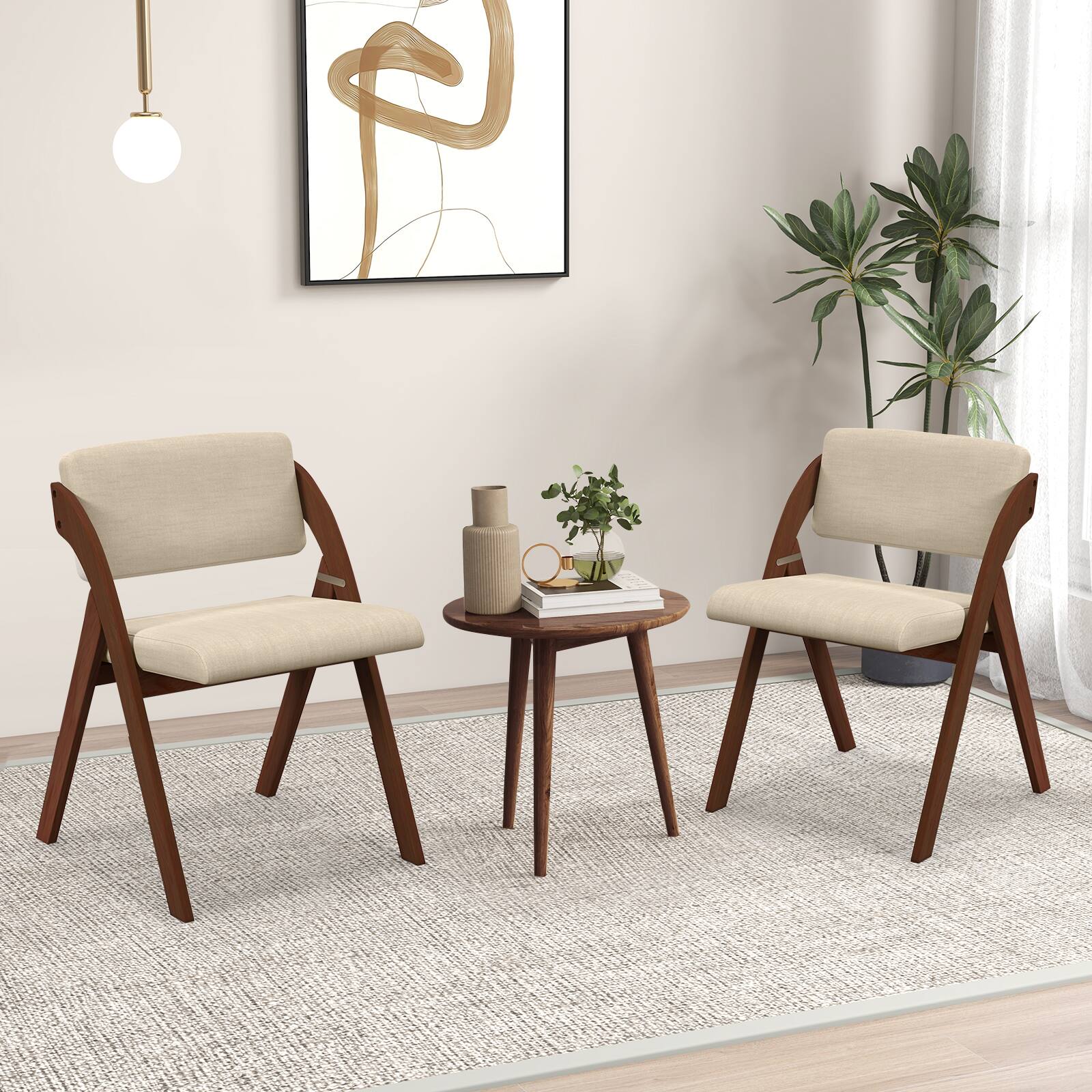 Alt View 1. Gymax - Gymax Set of 2 Dining Chairs Folding Kitchen Chair w/ Rubber Wood Legs Padded Seat Walnut & Beige - Walnut & Beige.