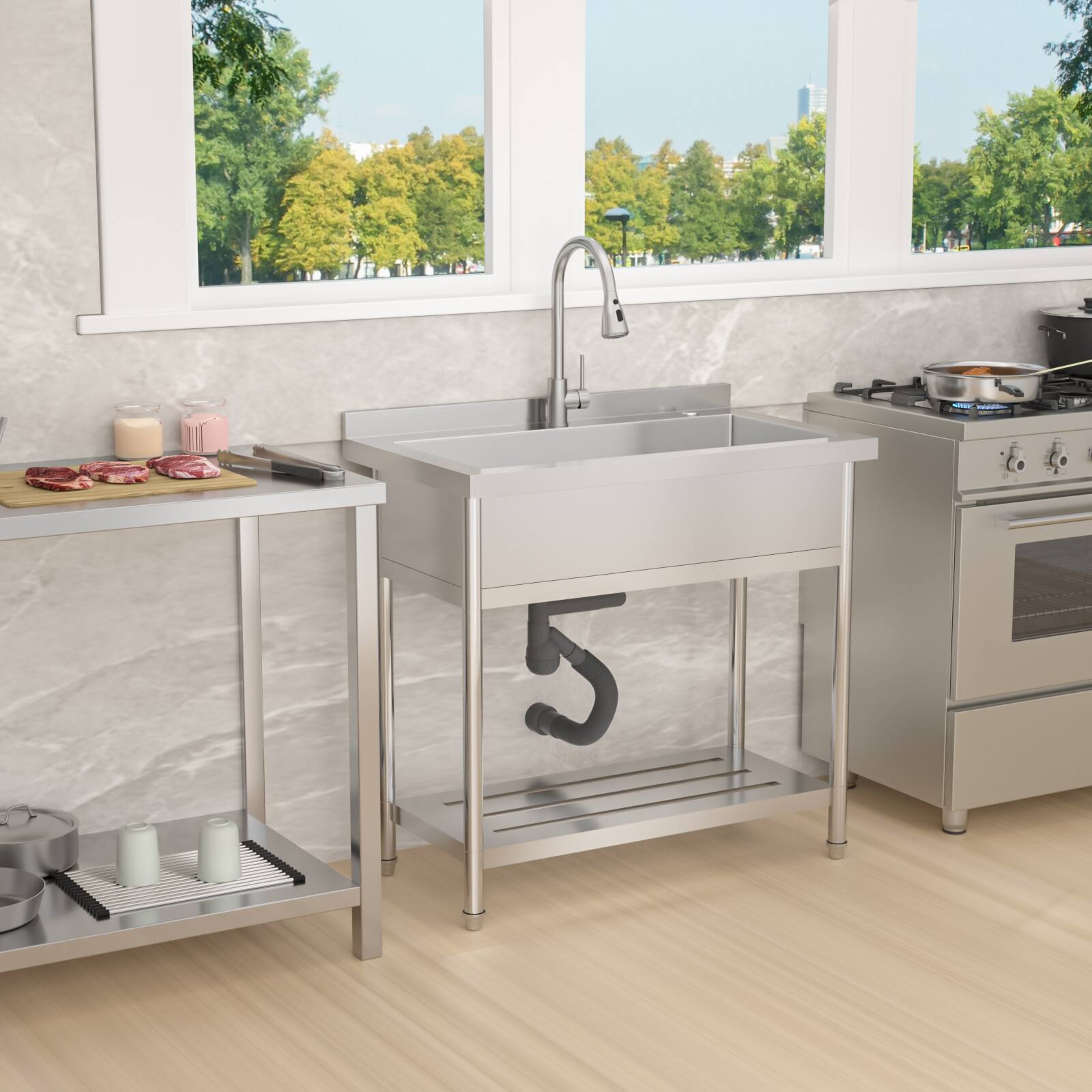 Alt View 7. Siljoy - 21" x 36" x 35.5" Stainless Steel Utility Sink Single Bowl Freestanding Commercial Restaurant Sink with Pull-Out Faucet - Brushed Nickel.