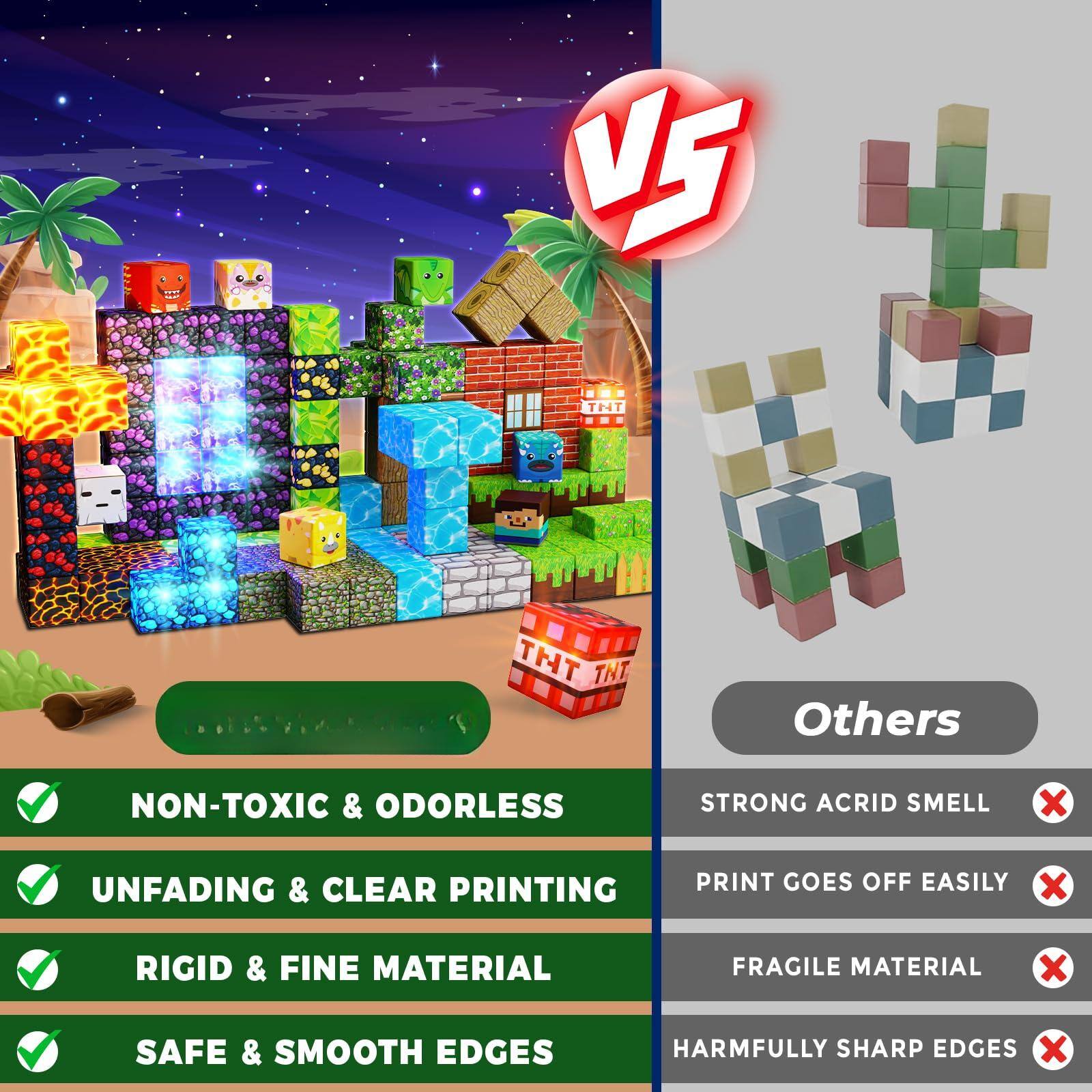 - NON-TOXIC & ODORLESS
- UNFADING & CLEAR PRINTING
- RIGID & FINE MATERIAL
- SAFE & SMOOTH EDGES

- STRONG ACRID SMELL
- PRINT GOES OFF EASILY
- FRAGILE MATERIAL
- HARMFULLY SHARP EDGES