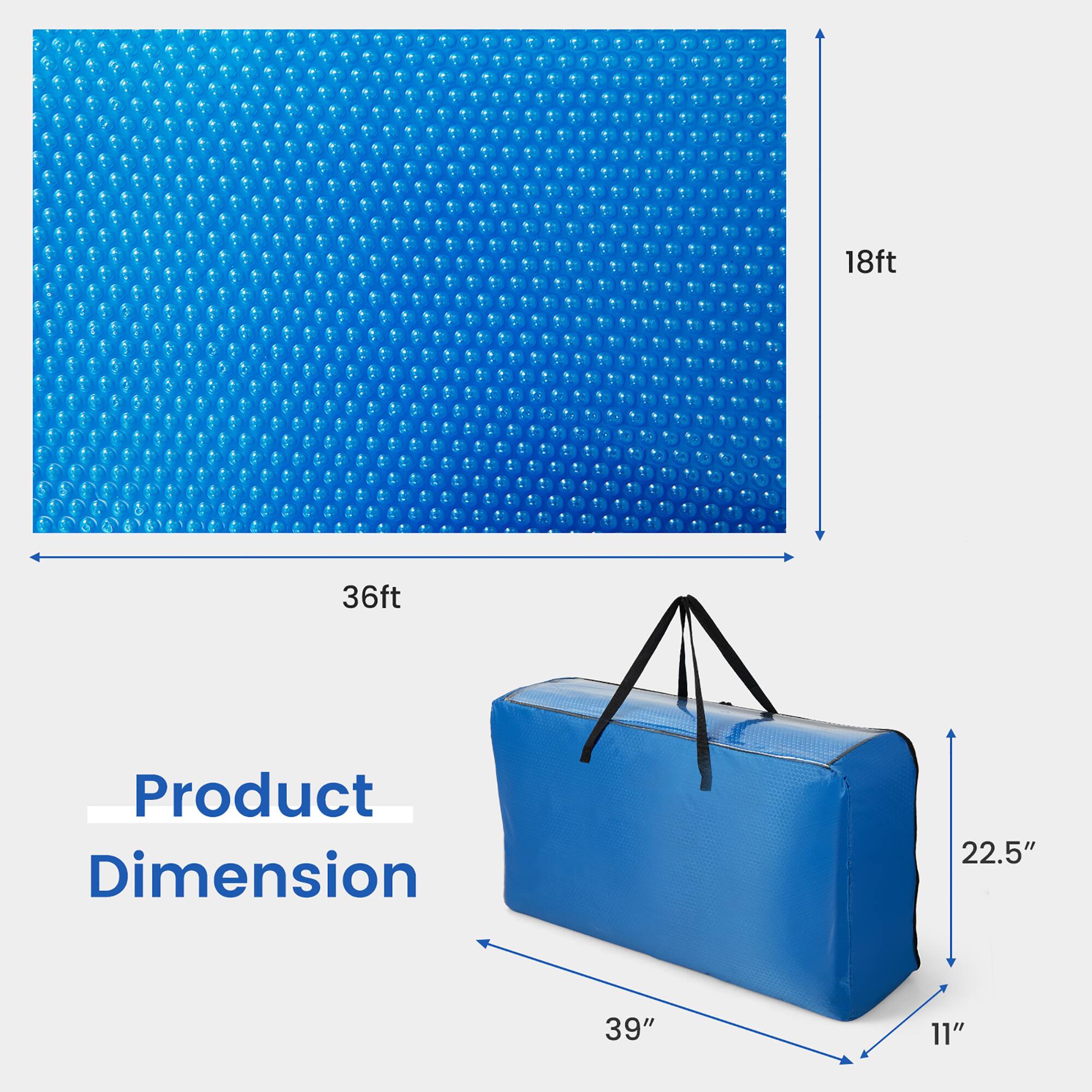 18ft x 36ft  
Product Dimension: 22.5" x 39" x 11"