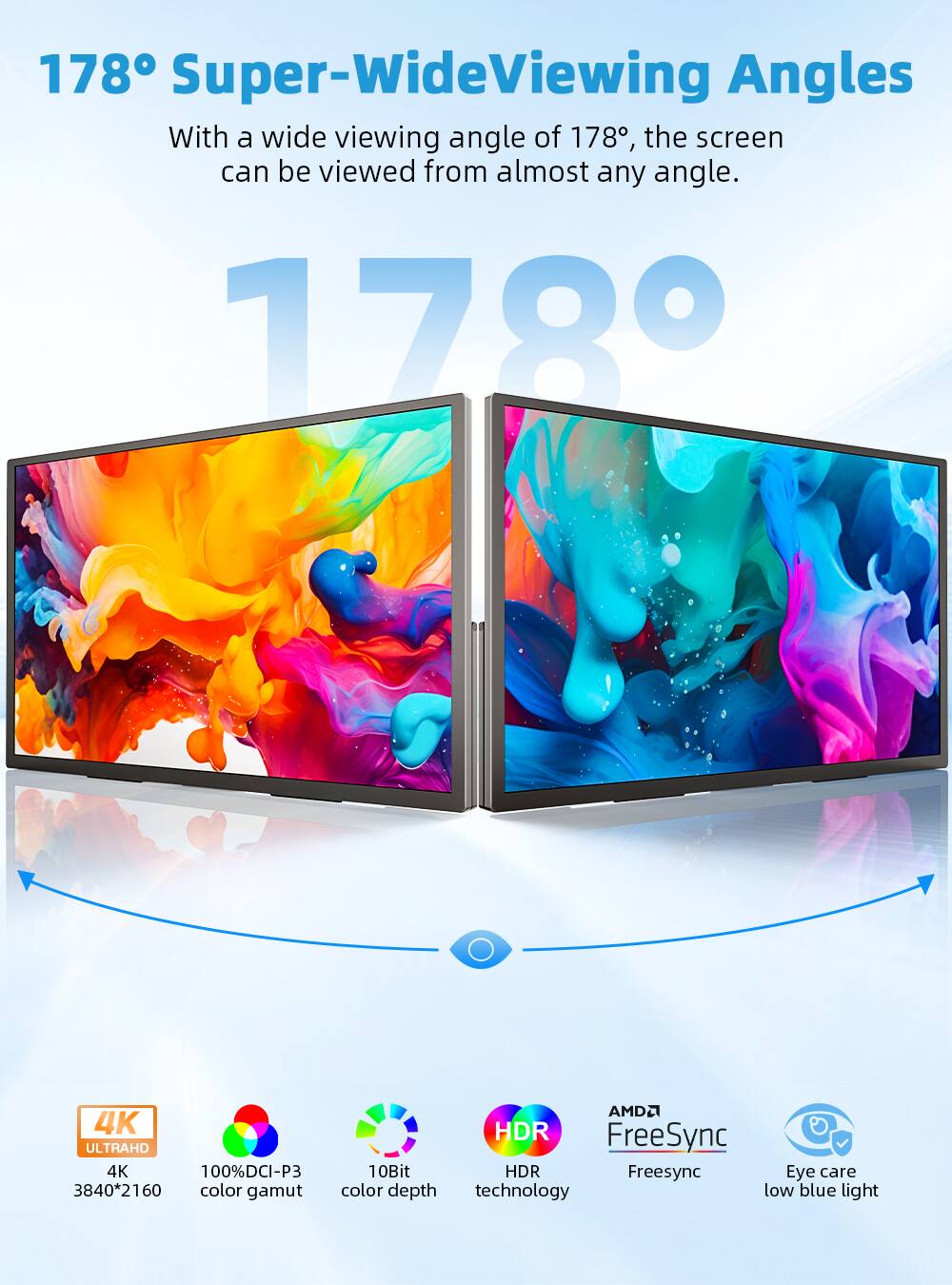 178° Super-Wide Viewing Angles

With a wide viewing angle of 178°, the screen can be viewed from almost any angle.

178°

AMD FreeSync 4K HDR ULTRAHD

4K 100% DCI-P3 10Bit HDR

Freesync Eye care

3840*2160 color gamut color depth technology low blue light