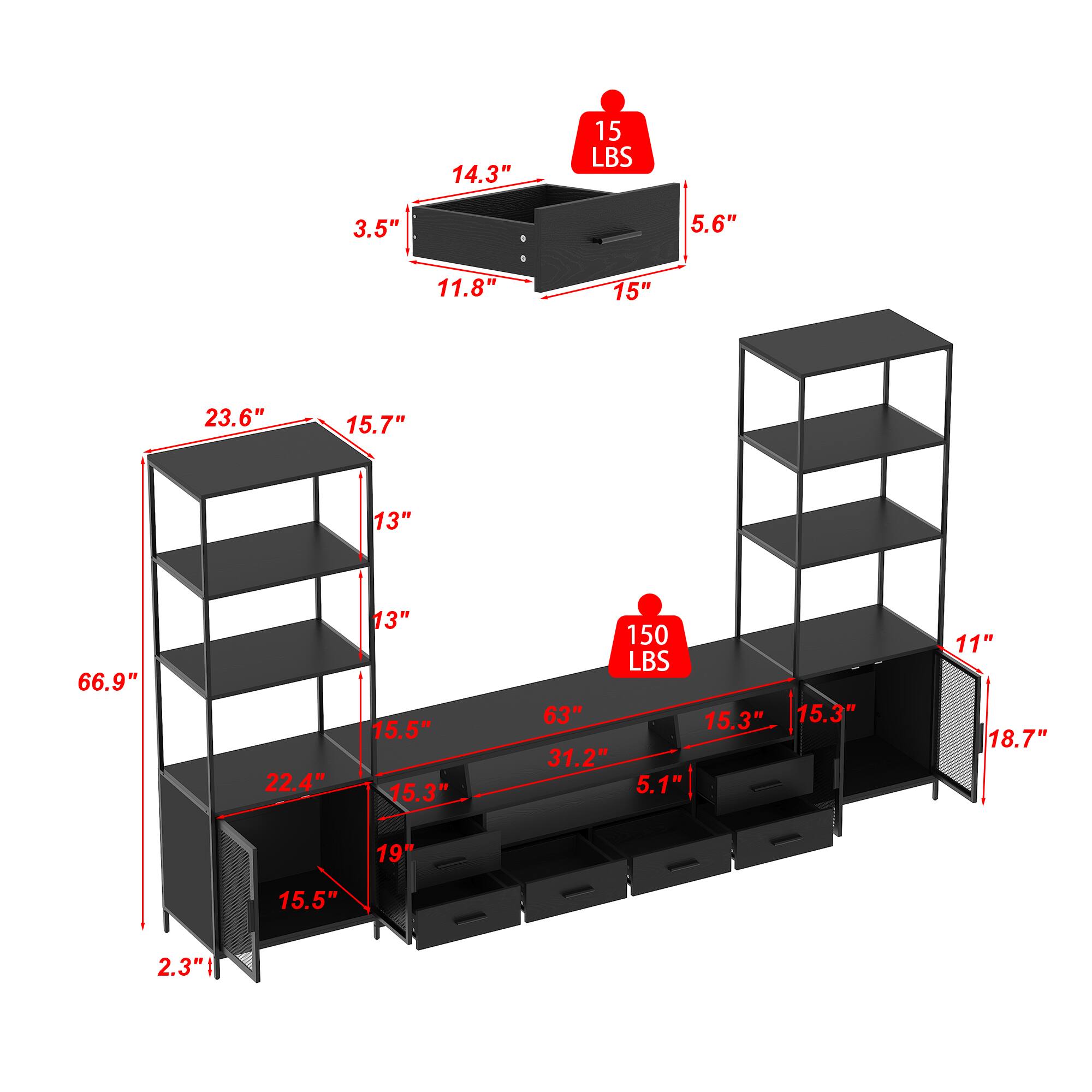 The text on the image is grouped and corrected as follows:

14.3" 15 LBS 3.5"  5.6"  11.8" 15" 23.6" 15.7" 13" 66.9" 22.4" 13" 15.5" 15.3" 150 LBS 63" 15.3" 15.3" 31.2" 5.1" 11" 18.7" 19" 15.5" 2.3"

This text describes the dimensions and weight of a piece of furniture, likely a bookshelf or a table. The measurements are given in inches and pounds, and the text is organized in a way that makes it easier to understand the specifications of the furniture.