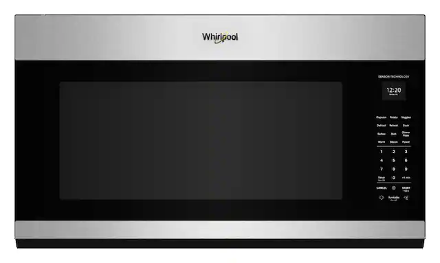 Whirlpool
SENSOR TECHNOLOGY
12:20
Nistalia t
Popcorn Potato Veggies
Defrost Reheat Cook
Soften Melt Dinner Plate
Warm Steam Power
1 2 3 4 5 6 7 8 9
Timer 0 +1 min CANCEL START +30g
Turntable