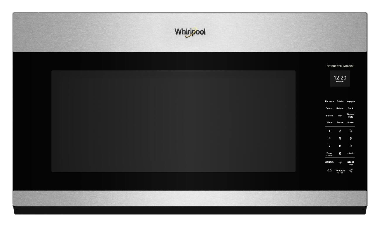 Whirlpool  
SENSOR TECHNOLOGY  
12:20  
Nistalia t  
Popcorn Potato Veggies  
Defrost Reheat Cook  
Soften Melt Dinner Plate  
Warm Steam Power  
1 2 3 4 5 6 7 8 9  
Timer 0 +1 min CANCEL START +30g  
Turntable