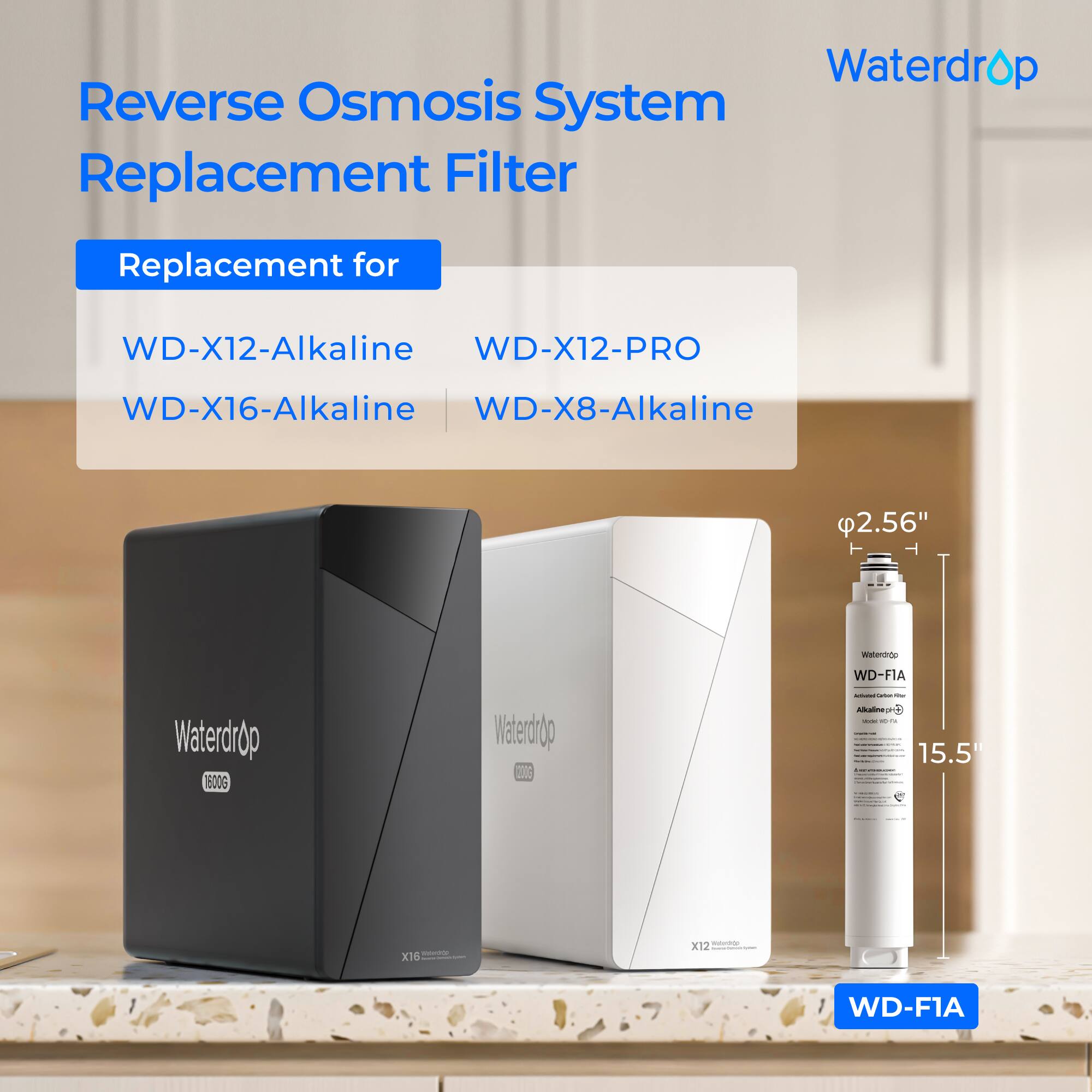 Waterdrop Reverse Osmosis System Replacement Filter Replacement for WD-X12-Alkaline WD-X12-PRO WD-X16-Alkaline WD-X8-Alkaline 2.56" 15.5" WD-FIA Waterdrop 1600G Waterdrop 22 : : / a . : - 2 - ee - | 1 - e - X16 -e X12 WD-F1A