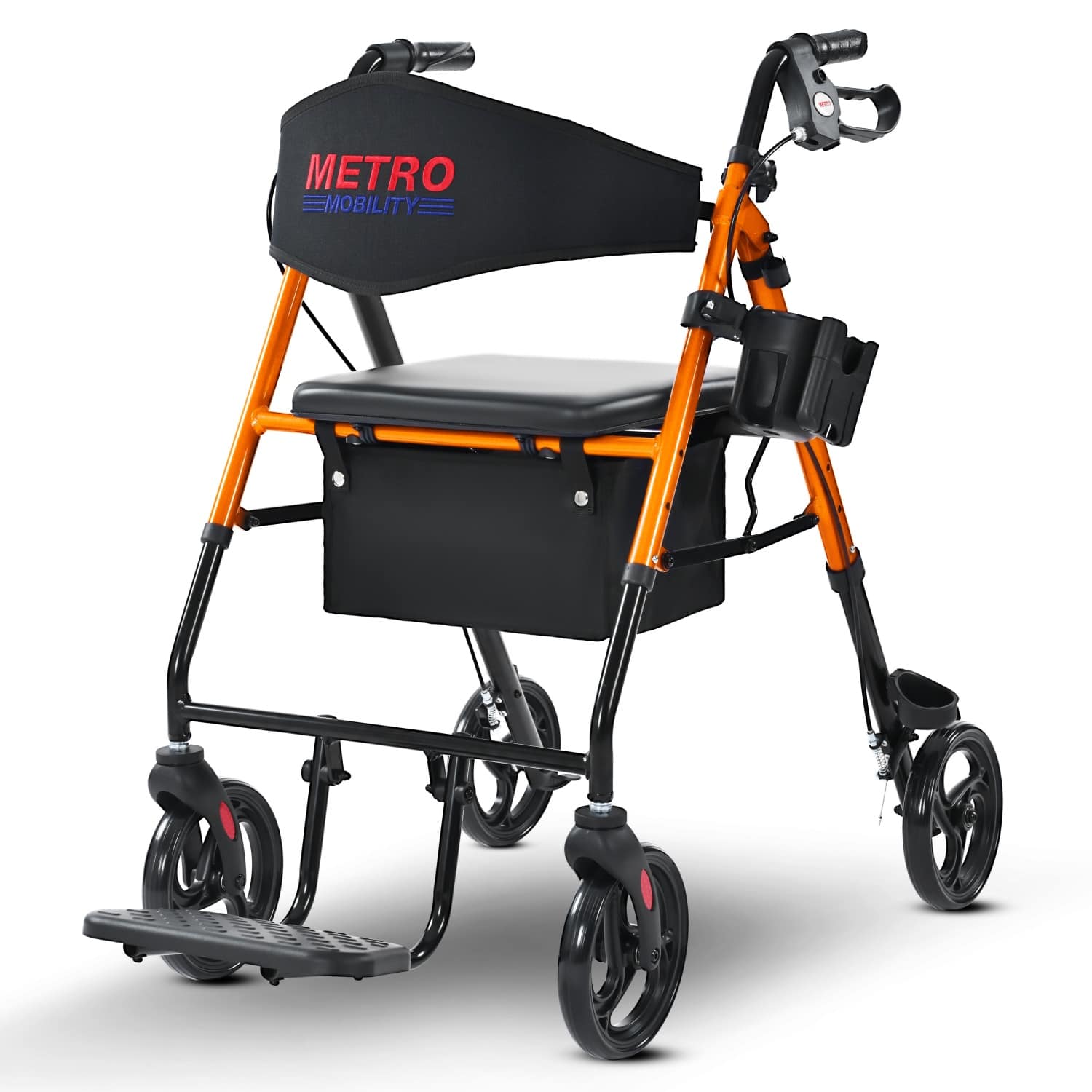 Metro Mobility - M913P 2 in 1 Rollator Walker & Transport Wheelchair for Seniors, 8" Wheels with Seat for All Terrain, 300 lb Capacity - Orange