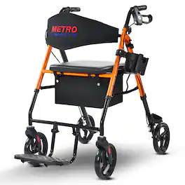 Metro Mobility - M913P 2 in 1 Rollator Walker & Transport Wheelchair for Seniors, 8" Wheels with Seat for All Terrain, 300 lb Capacity - Orange