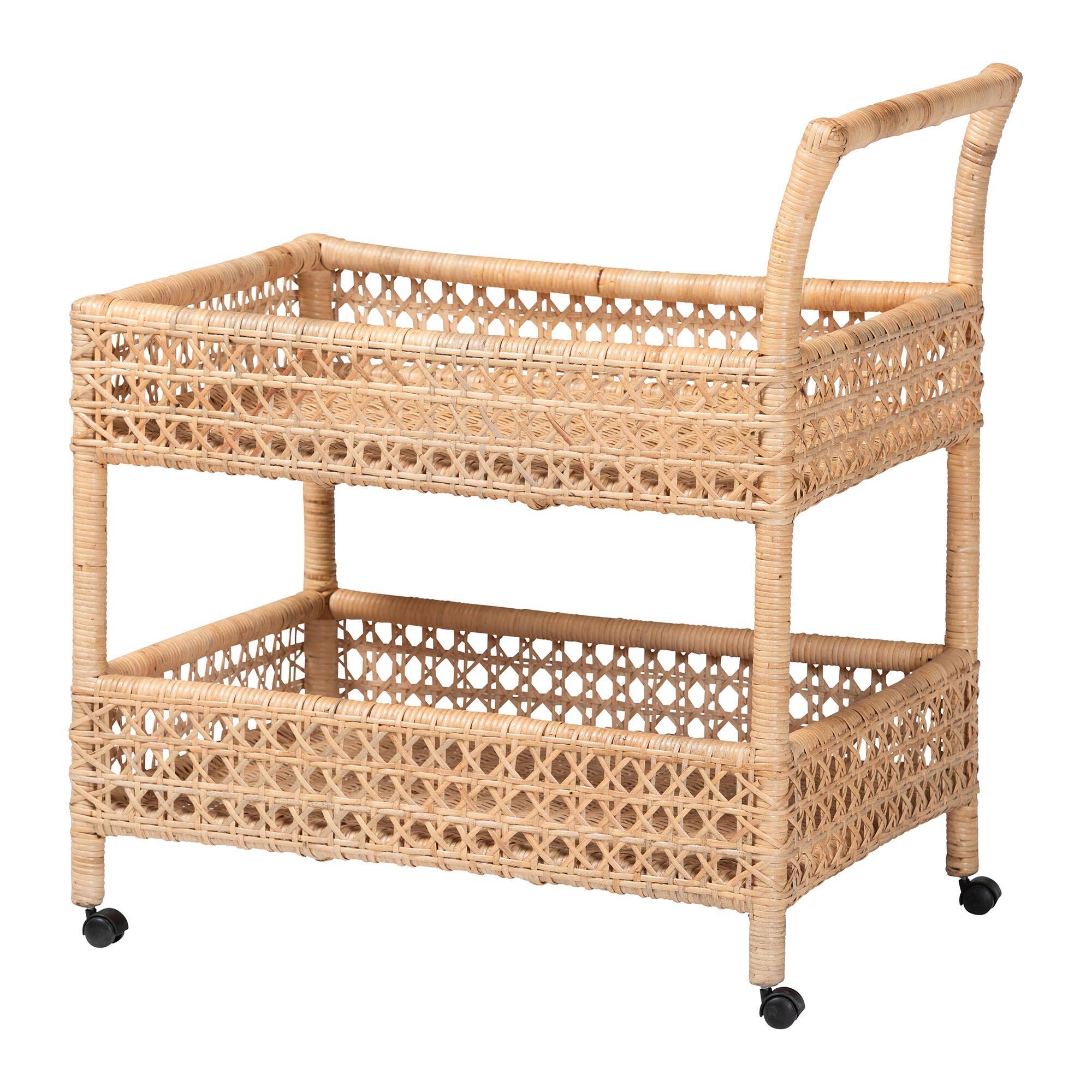 Front. bali & pari - Alaina Natural Rattan Kitchen Cart - 2-Tier Handwoven Wicker Storage Trolley with Handle for Kitchen or Lounge - Natural Rattan.