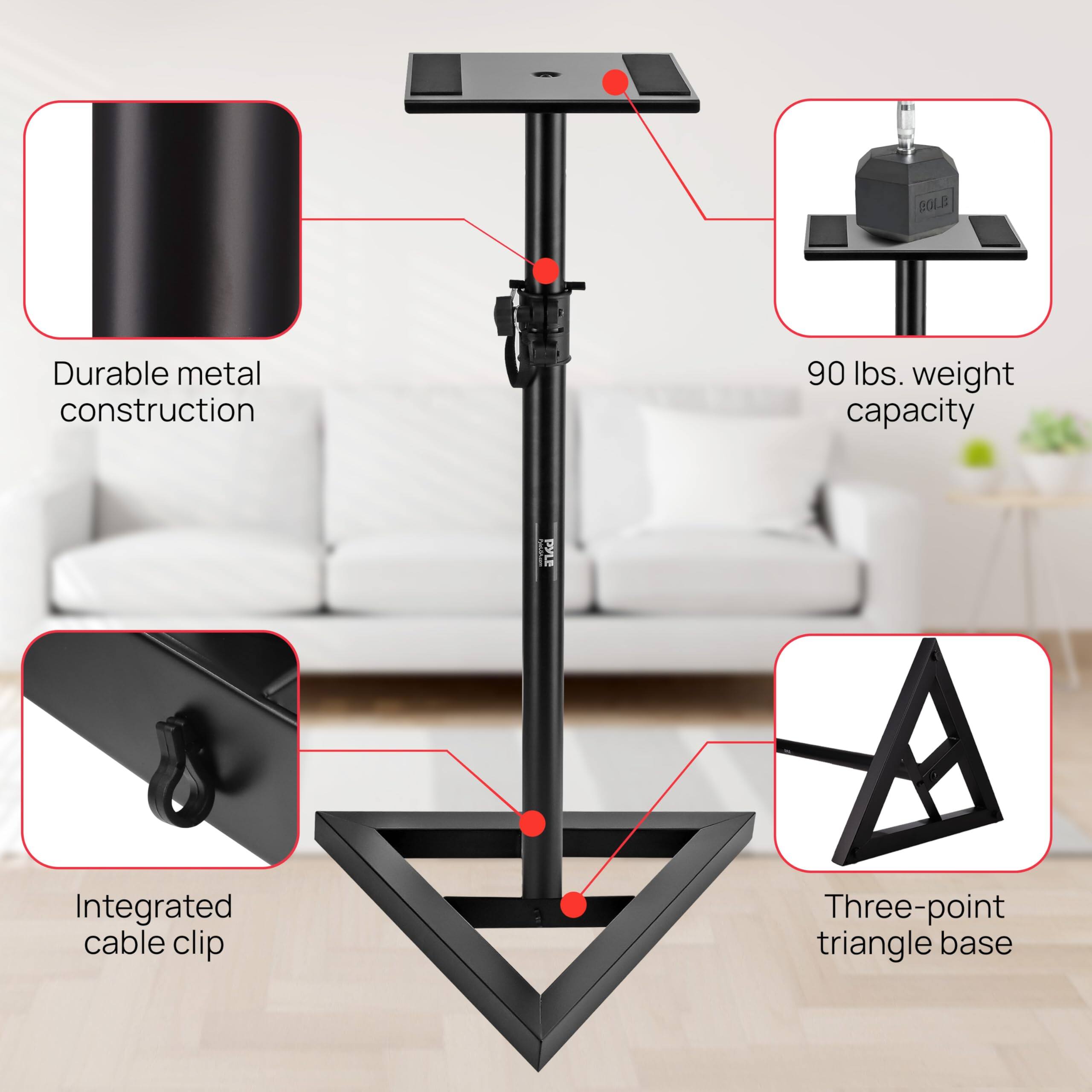 - Durable metal construction
- 90 lbs. weight capacity
- Integrated cable clip
- Three-point triangle base