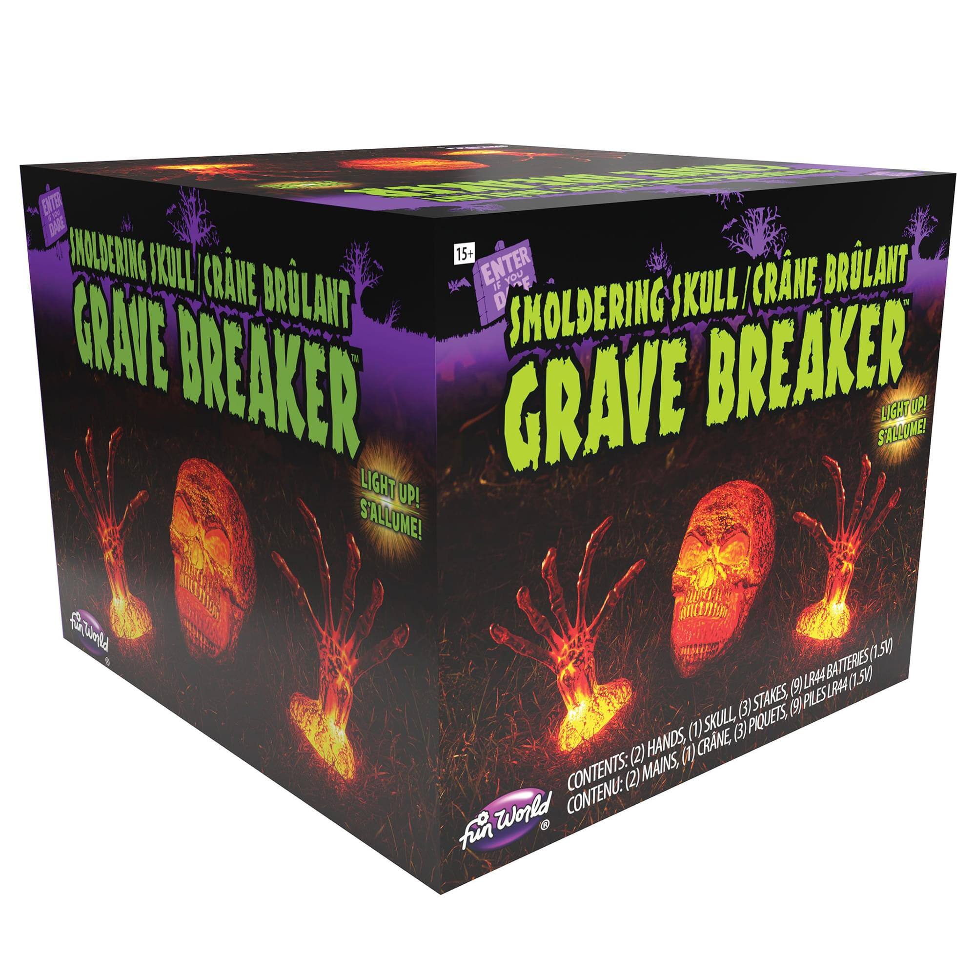 **Smoldering Skull / Crâne Brûlant Grave Breaker**

**Light Up! S'allume!**

**Contents:**
- 2 Hands
- 1 Skull
- 3 Stakes
- 1 Crane

**Batteries:**
- 15 LR44 Batteries (1.5V)

**Age Rating:**
- 15+