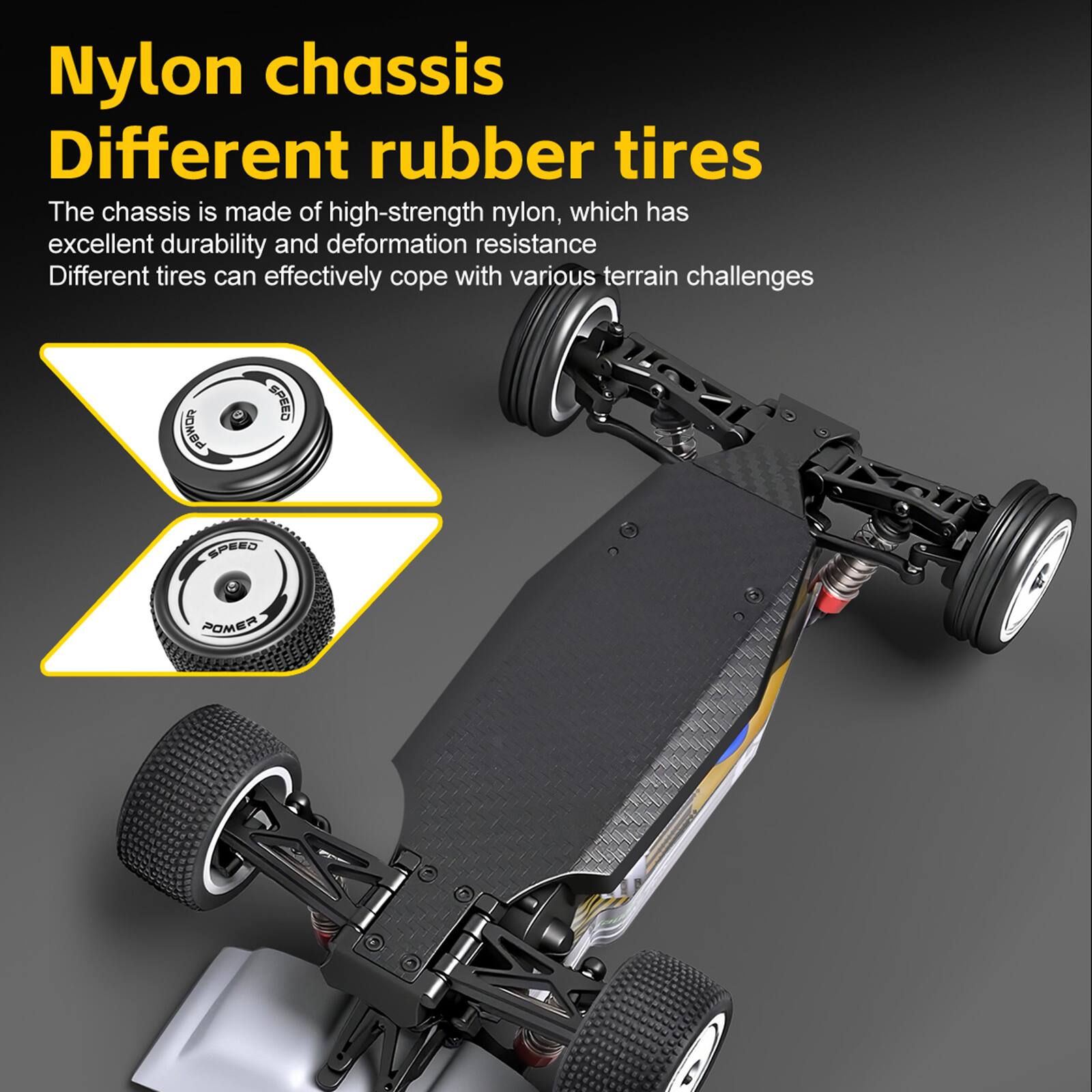 Nylon chassis  
Different rubber tires  

The chassis is made of high-strength nylon, which has excellent durability and deformation resistance. Different tires can effectively cope with various terrain challenges.