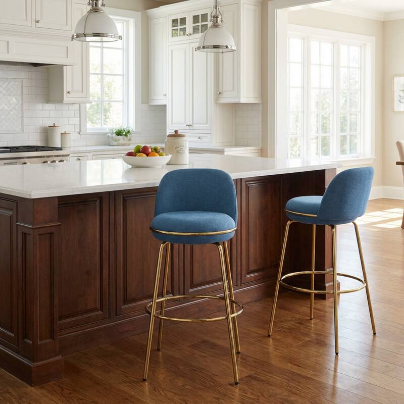 Alt View 1. HTUTWOO - Set of 2 Gold Metal Upholstered Barstools, 300lbs Capacity Low-Back Counter Stools for Kitchen Island, Home Bar - Blue.