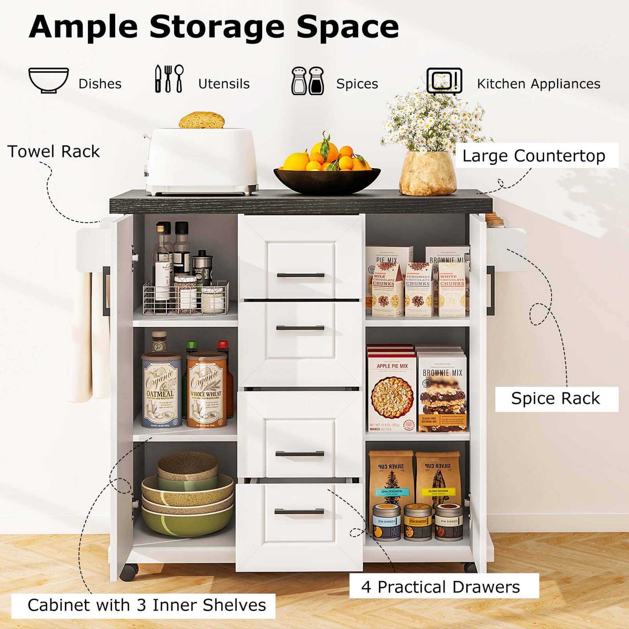 Ample Storage Space

- Dishes
- Utensils
- Spices
- Kitchen Appliances
- Towel Rack
- Large Countertop
- Cabinet with 3 Inner Shelves
- 4 Practical Drawers
- Spice Rack