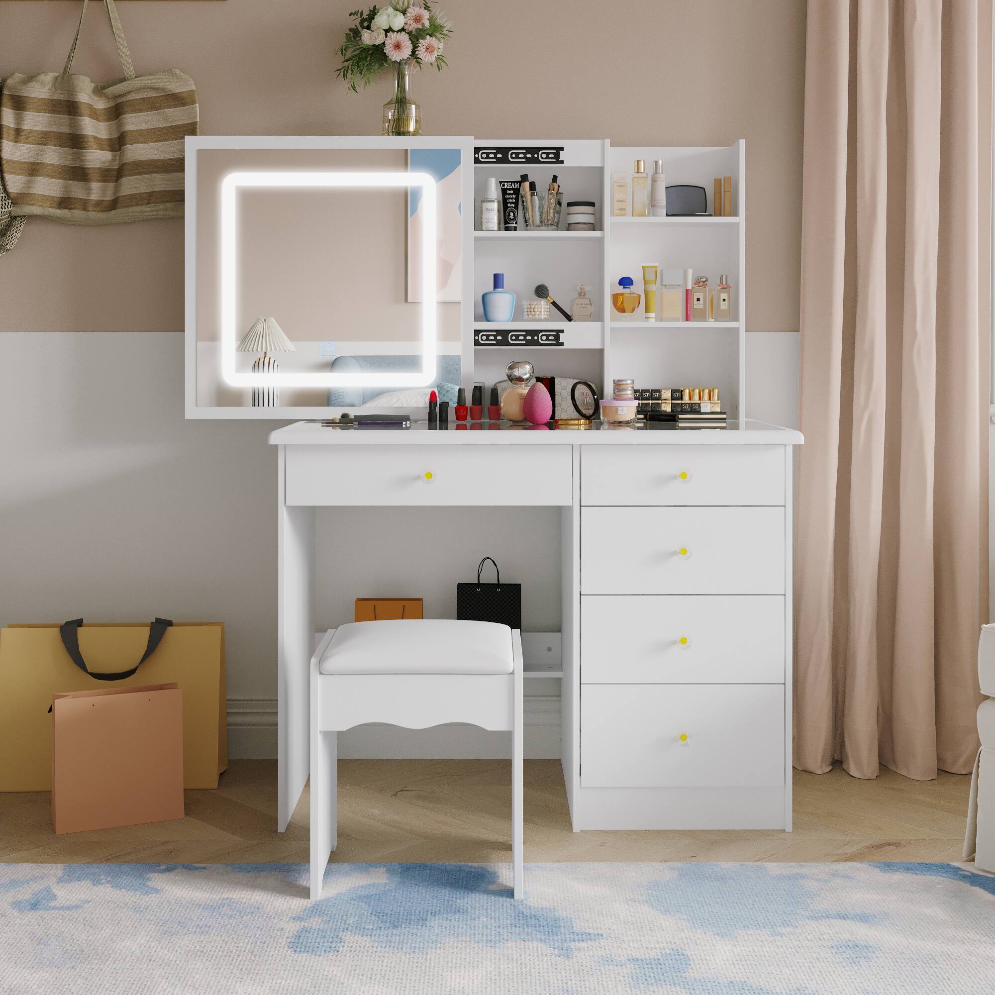 Left. Famapy - Vanity Set with 3-Color LED Mirror & Tempered Glass Top, Makeup Table with Stool and Ample Storage - White.