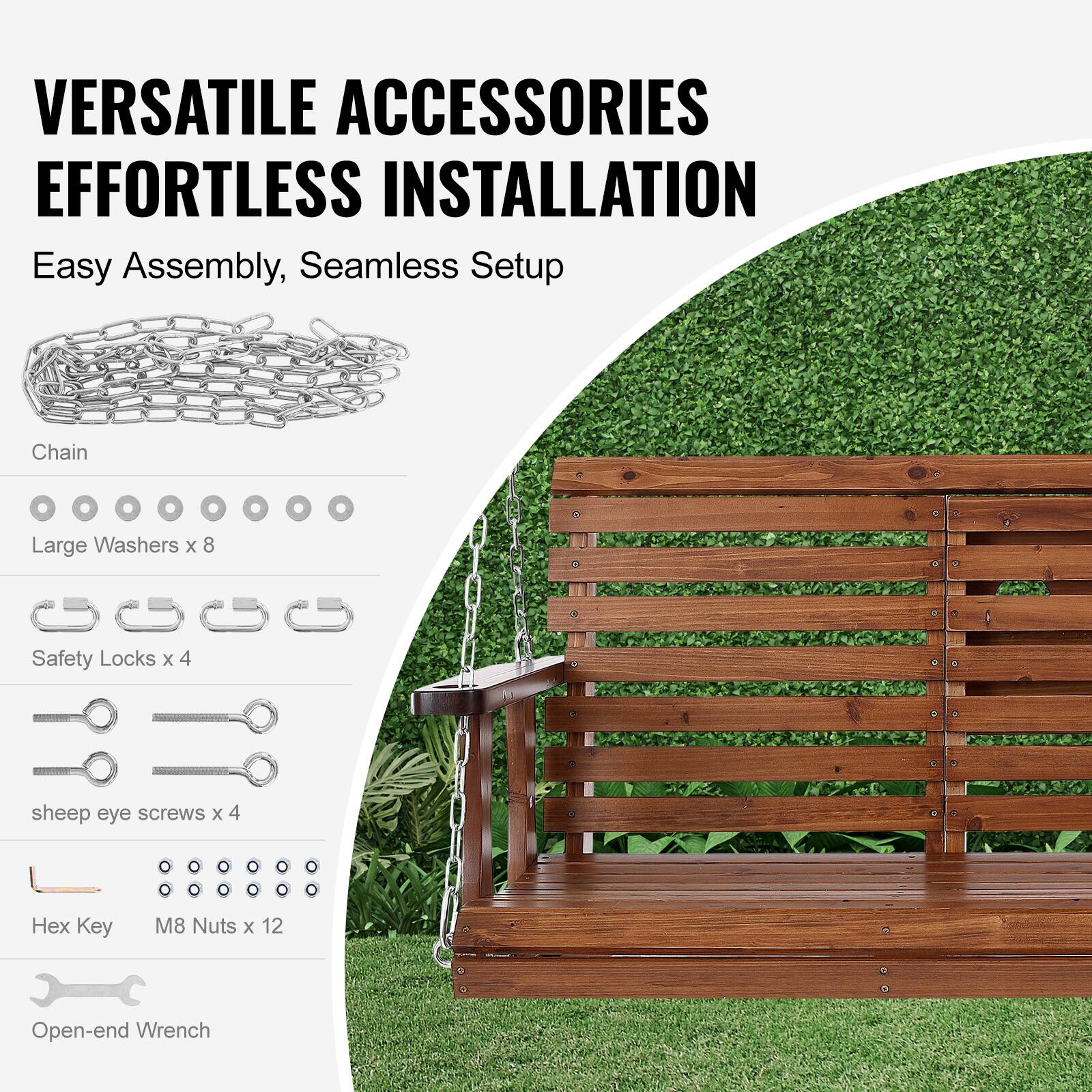 VERSATILE ACCESSORIES
EFFORTLESS INSTALLATION

Easy Assembly, Seamless Setup

- Chain
- Large Washers x 8
- Safety Locks x 4
- Sheep Eye Screws x 4
- Hex Key
- M8 Nuts x 12
- Open-end Wrench