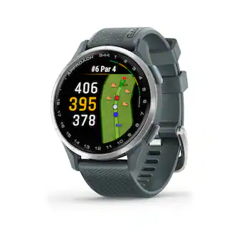 The text on the image reads: "GAR S44 -- 1 TO APPROACH #6 Par 4 395 17 7 16 378 8 15 6 14 10 13 12 11 -". This text appears to be related to a golf course, specifically hole number 6. The numbers indicate the distance from the tee box to the hole, and the par number for the hole. The watch face also has a golf course hole display, which shows the distance to the hole and the par number.