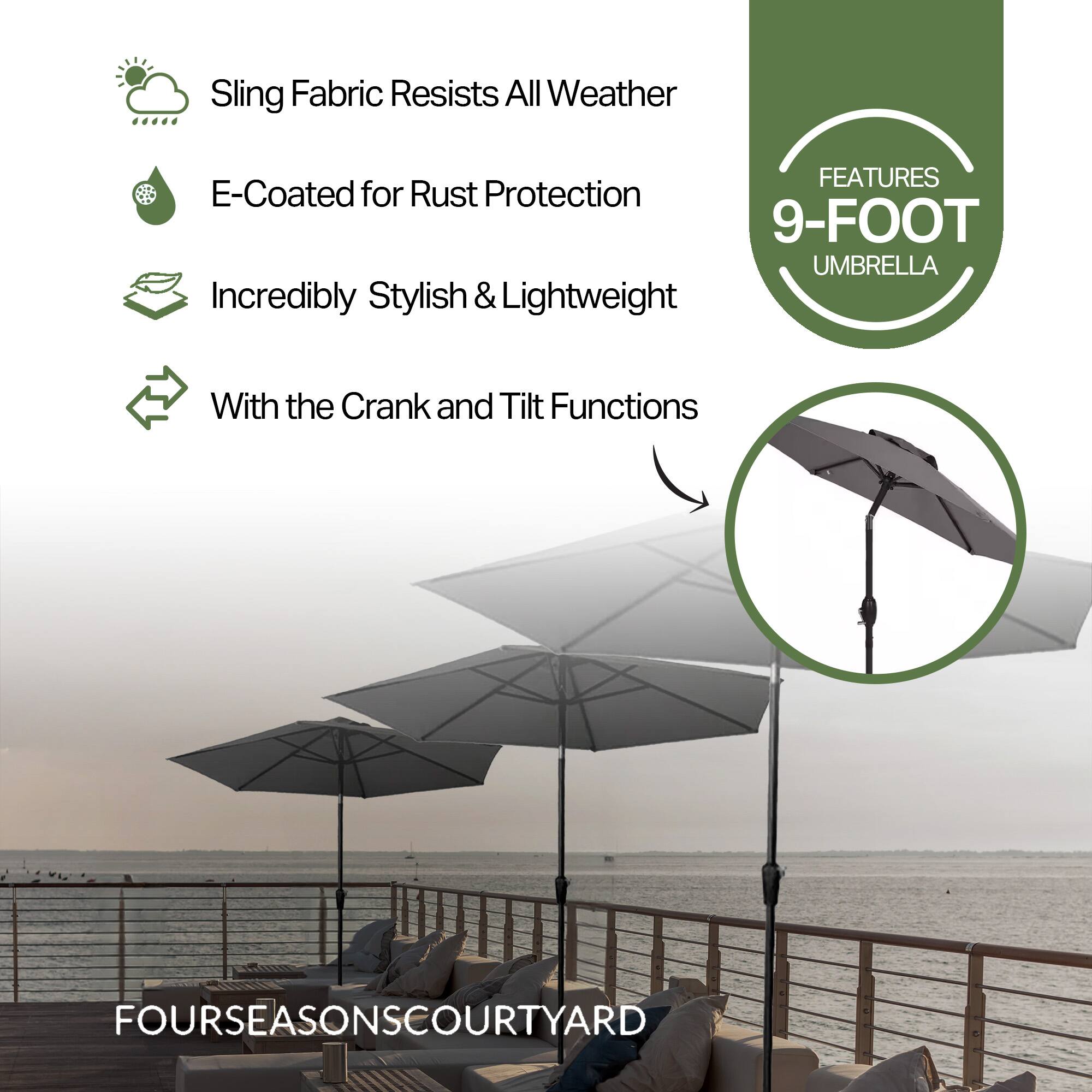 Sling Fabric Resists All Weather  
E-Coated for Rust Protection  
Incredibly Stylish & Lightweight  
With the Crank and Tilt Functions  

FEATURES  
9-FOOT UMBRELLA  

FOURSEASONSCOURTYARD