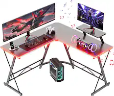 Front. COQOOL - 51 Inch Gaming Desk with LED Lights, Computer Desk Home Office Desks with Large Monitor Stand, Carbon Fiber Surface - Black.