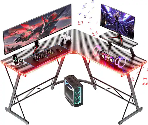 Front. COQOOL - Gaming Desk with LED Lights, Computer Desk Home Office Desks with Large Monitor Stand, Carbon Fiber Surface, 51 Inch - Black.