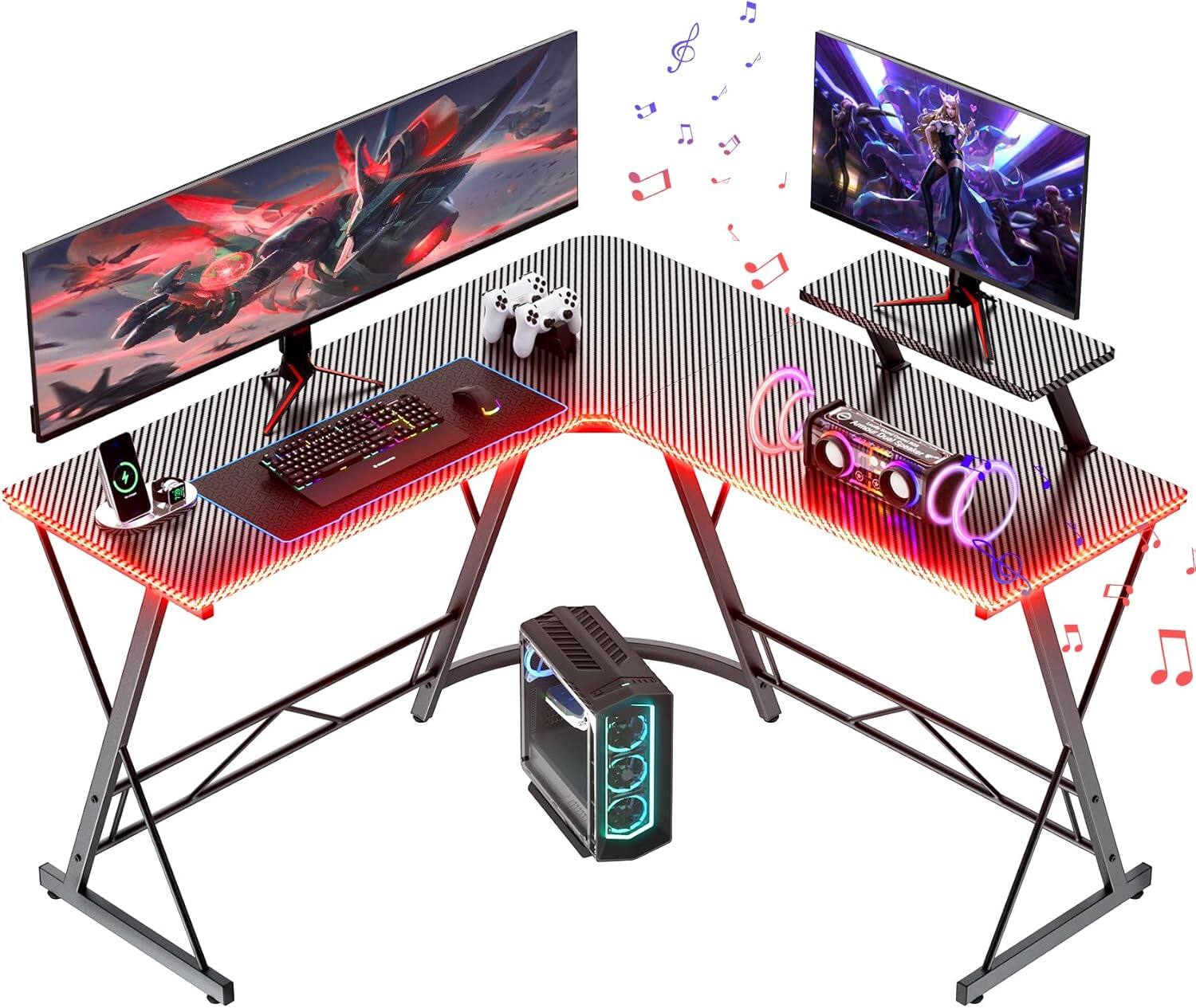 COQOOL - Gaming Desk with LED Lights, Computer Desk Home Office Desks with Large Monitor Stand, Carbon Fiber Surface, 51 Inch - Black
