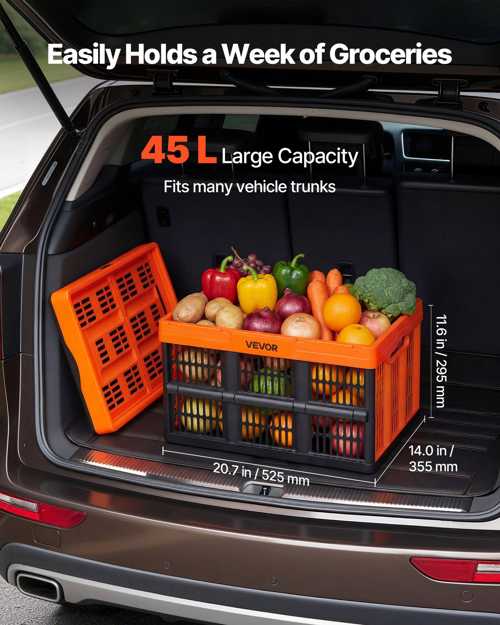 Easily Holds a Week of Groceries  
45 L Large Capacity  
Fits many vehicle trunks  

11.6 in / 295 mm  
20.7 in / 525 mm  
14.0 in / 355 mm