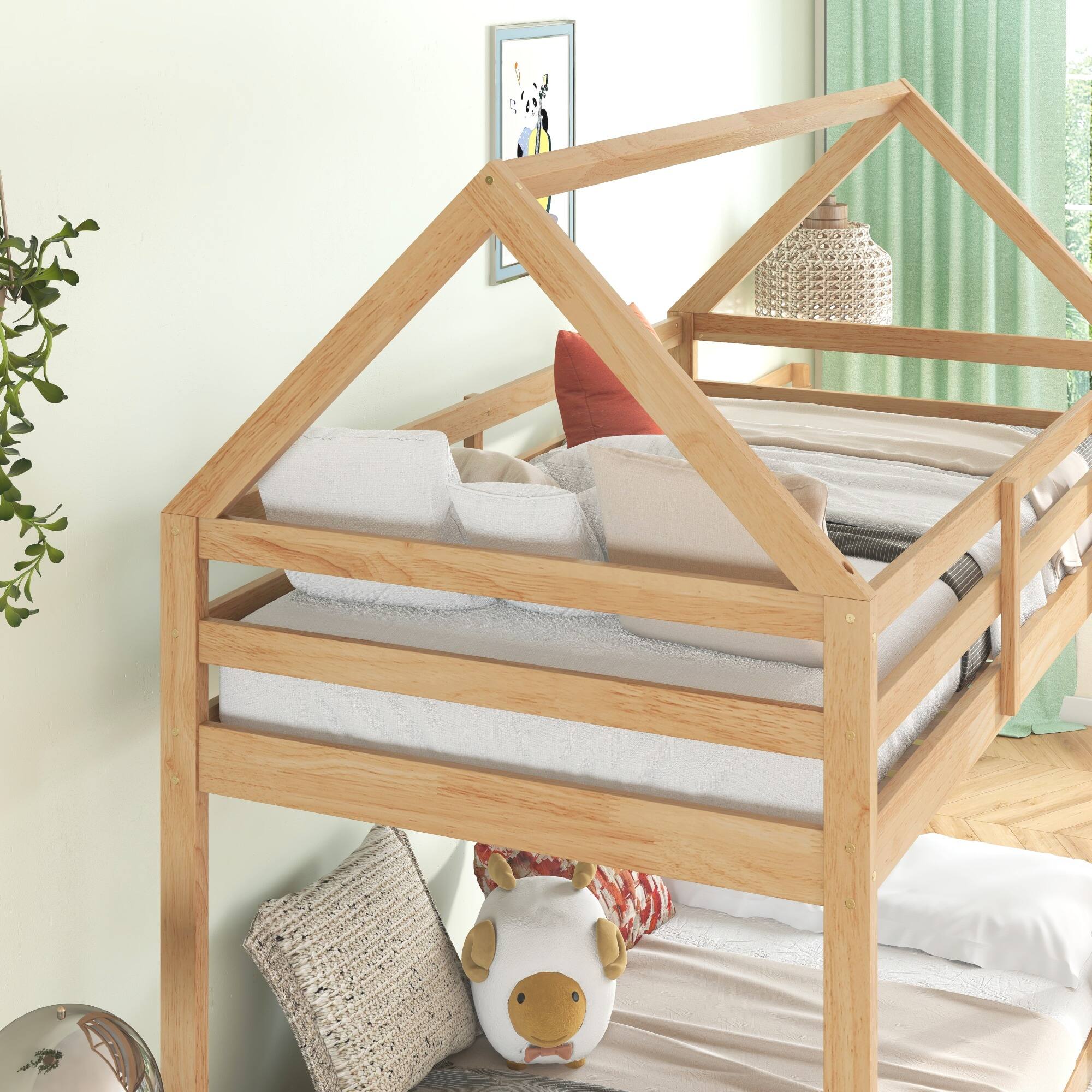 Alt View 9. GOODSILO - House-Shaped Twin Over Twin Rubber Wood Bunk Bed with Ladder and Guardrails for Kids - White+Oak.