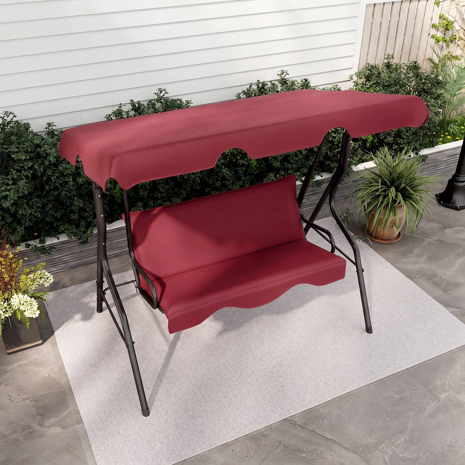 Alt View 4. Costway - Costway 3-Person Outdoor Patio Swing Chair with Adjustable Canopy and Removable Cushion - Wine.