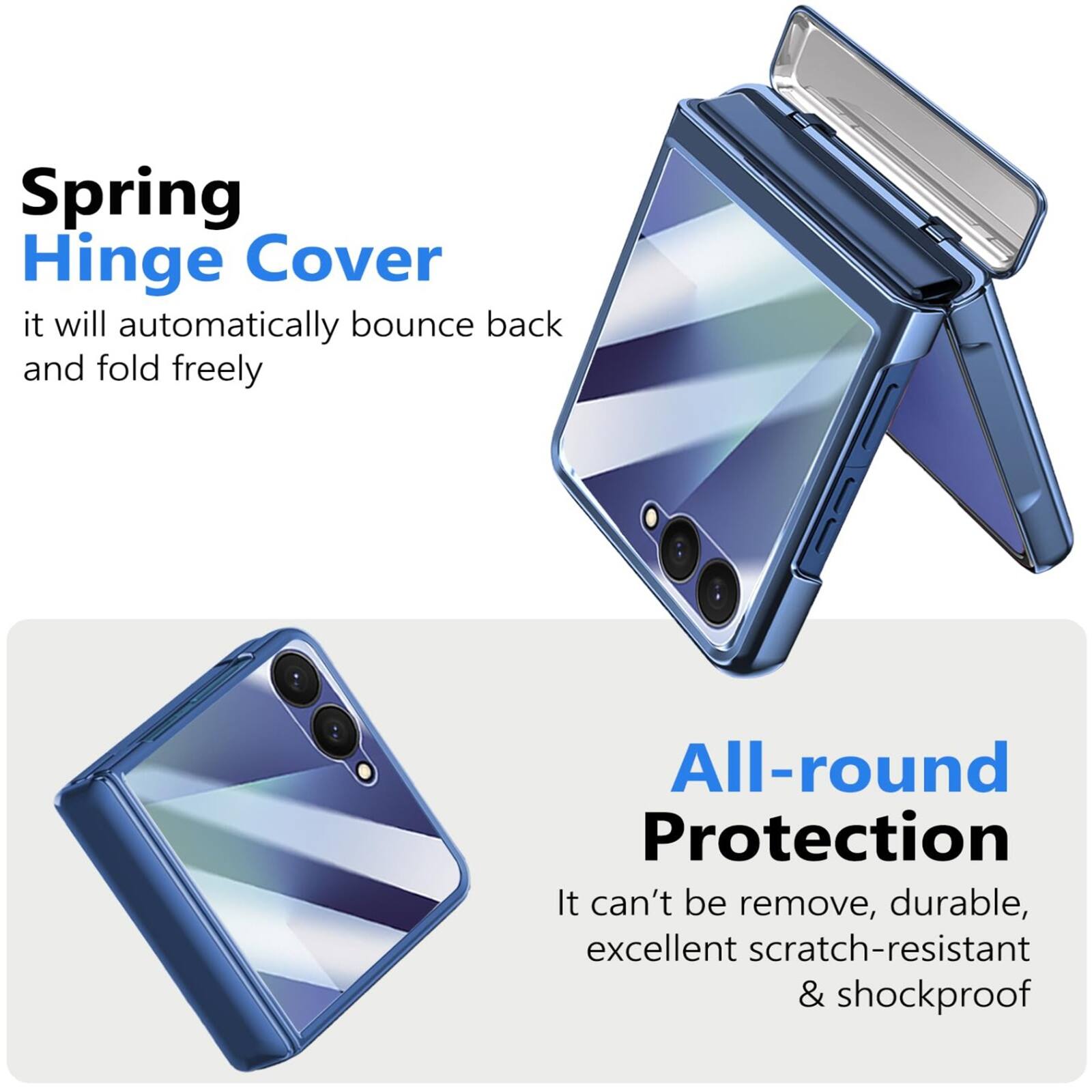 Spring Hinge Cover  
it will automatically bounce back and fold freely  

All-round Protection  
It can't be remove, durable, excellent scratch-resistant & shockproof