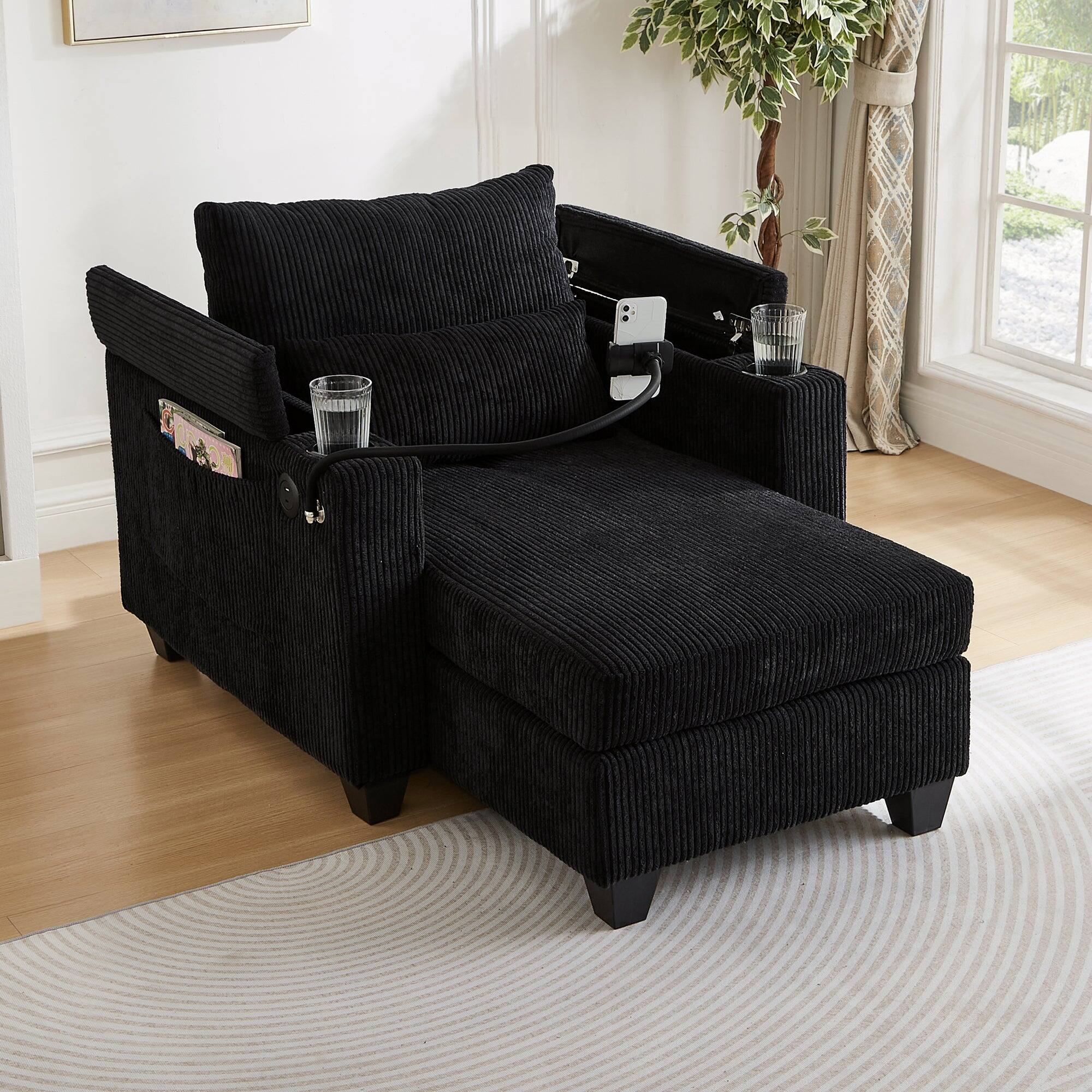 Alt View 1. Boyel Living - 3-in-1 Convertible Chaise Sofa Bed with USB Ports, Cup Holders & Storage - Corduroy Multi-Functional Sleeper in Black - Black.
