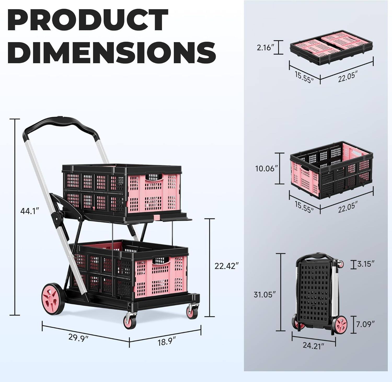 PRODUCT DIMENSIONS

- 2.16" I 15.55" 22.05" 44.1" 10.06' I 15.55" 22.05" 22.42" I 3.15" 31.05" 29.9" 18.9" 24.21" I 7.09" 7.09"