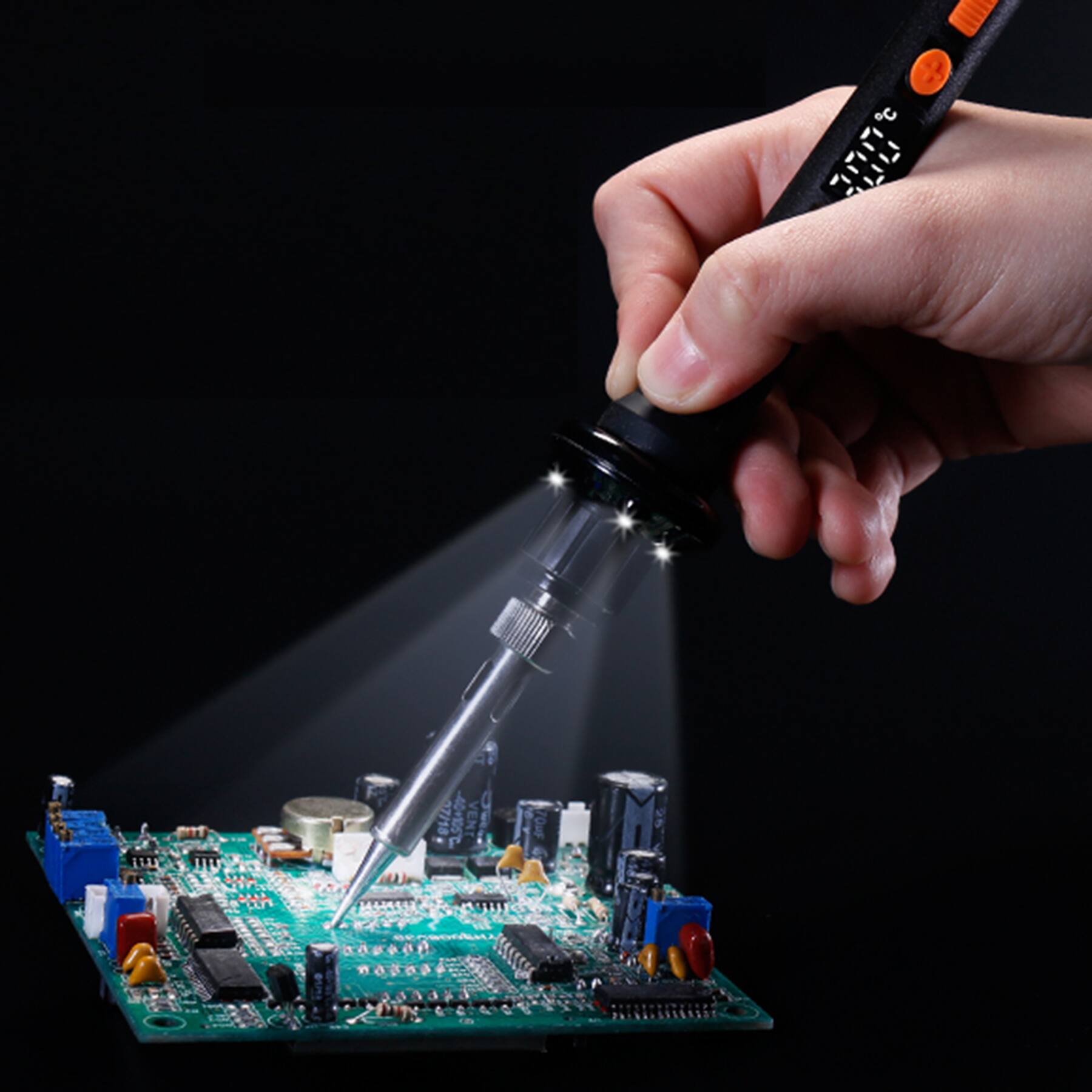 Angle. X-Tronic - 1010-PRO 65 W Soldering Iron | Triple LED Illumination, Adjustable Sleep, 5 Extra Solder Tips & More - Black.