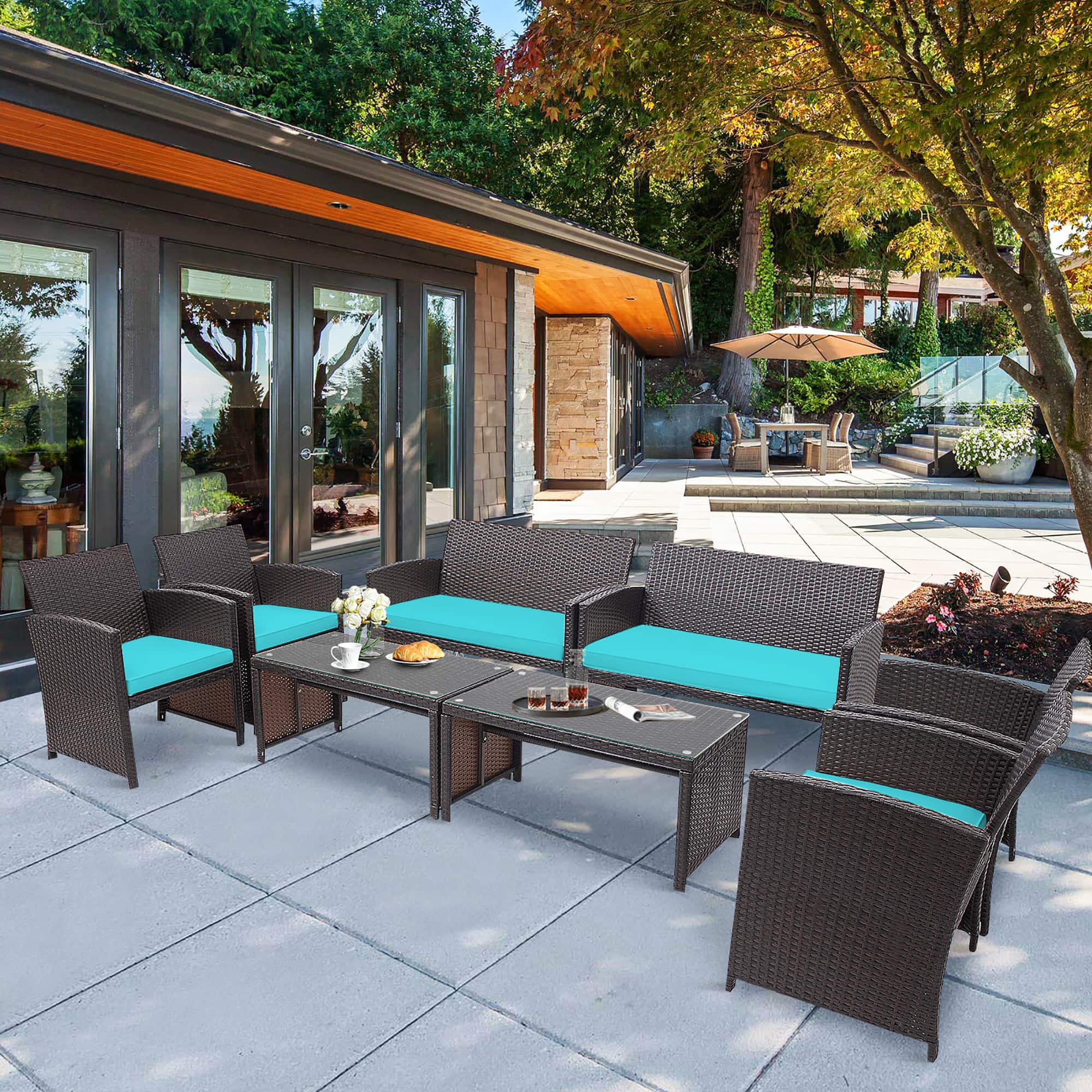 Front. Costway - Costway 8PCS Patio Rattan Furniture Set Cushioned Chair Sofa Table - Turquoise.