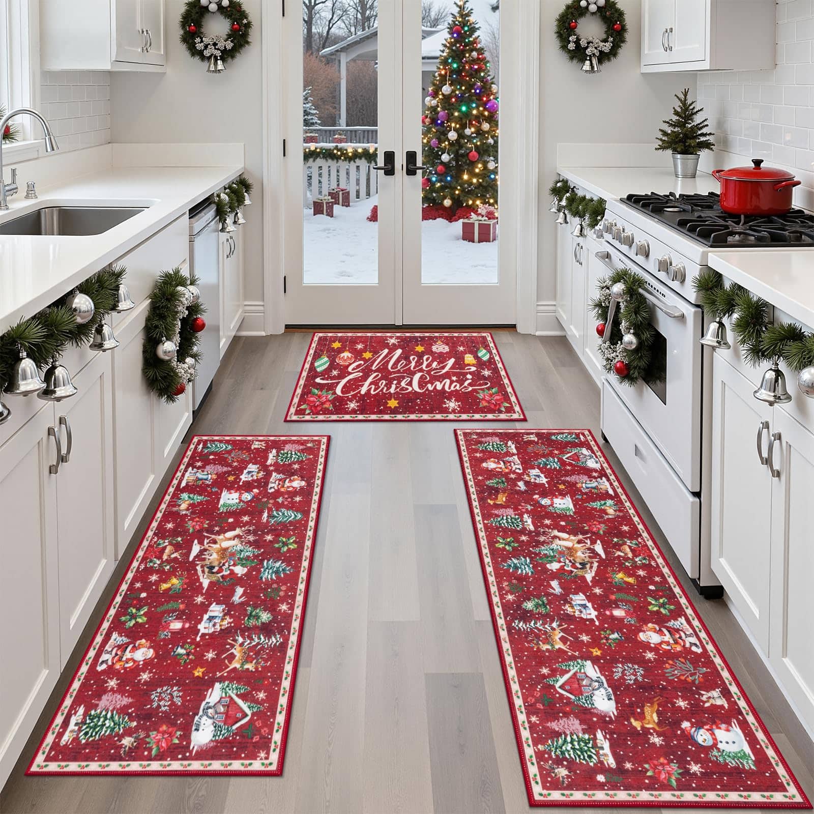 Fabibe - BSMATHOM CHRISTMAS KITCHEN SETS XMAS TREES MERRY CHRISTMAS KITCHEN NON SLIP WASHABLE, KITCHEN RUNNER NON SKID - Christmas Carol 20"x32"+20"x48"+20"x59"