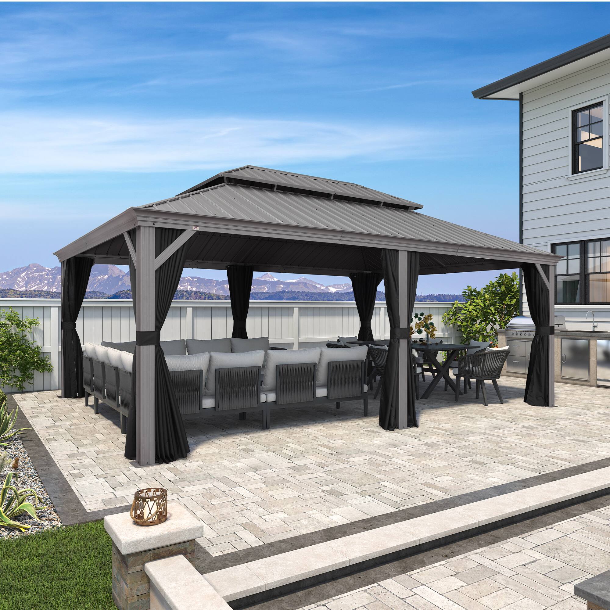 Alt View 1. PURPLE LEAF - 14' X 20' Light Gray Aluminum Power-Coated Frame Galvanized Steel Double Roof Hardtop Gazebo,Hooks Netting Curtain - 14' X 20'.