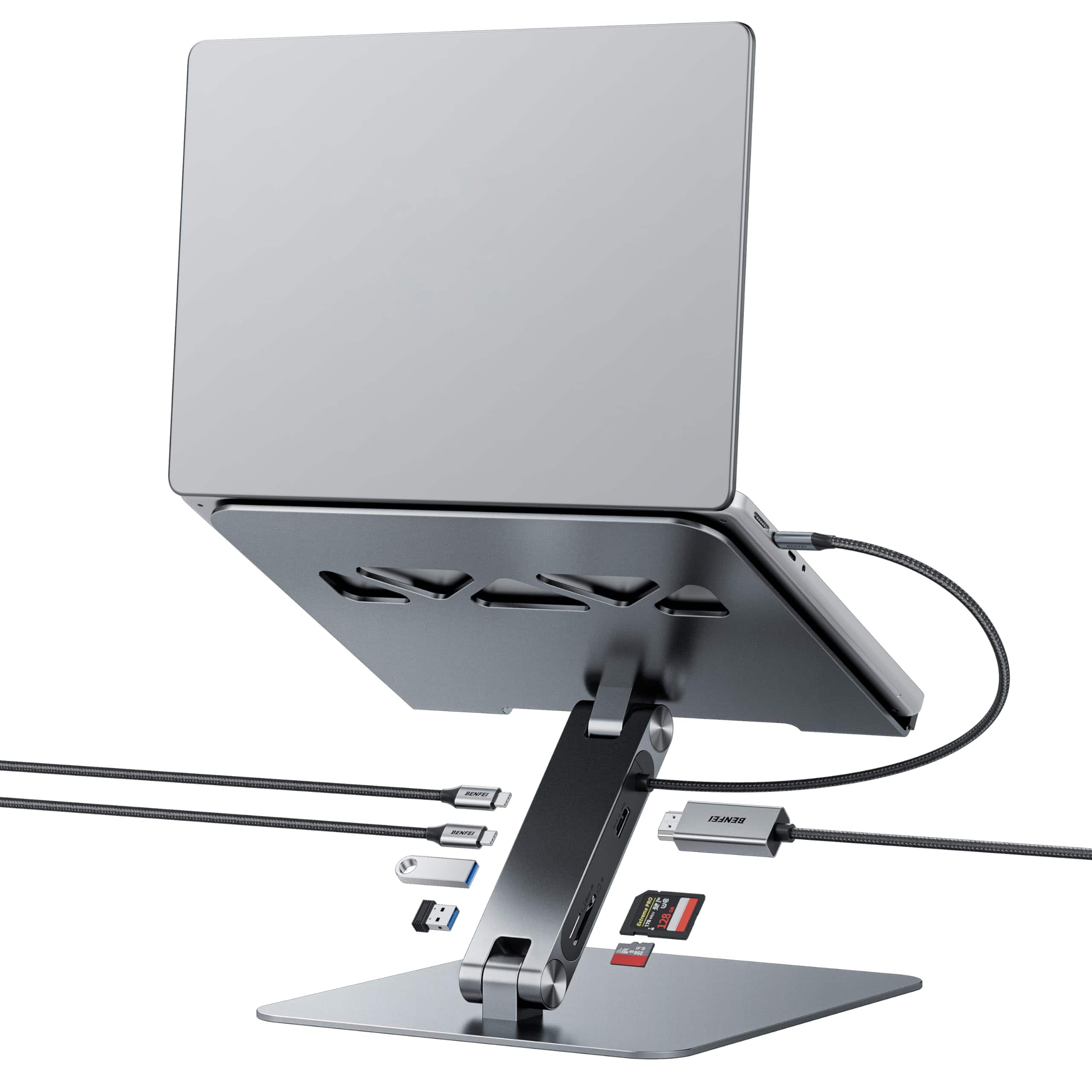 HongFei - Laptop Stand with USB C 7in1 Docking Station, HDMI 4K@60Hz, SD/Micro SD, 100W Power Delivery, 10Gbps USB C/A - Silver